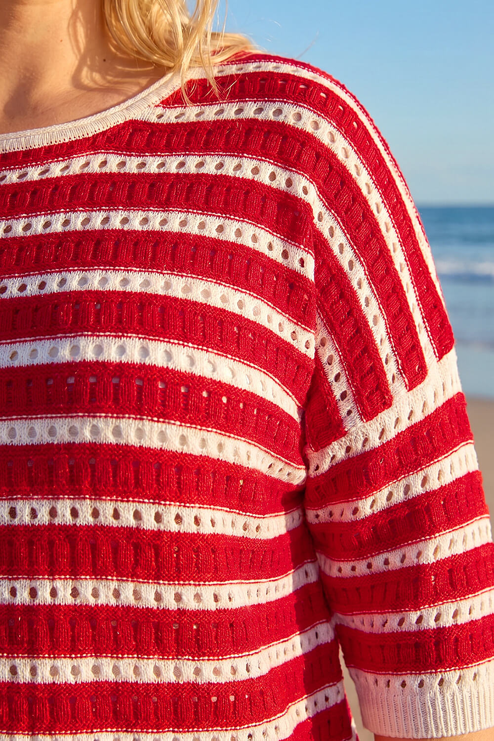 Red Curve Crochet Stripe Knit Top, Image 5 of 4