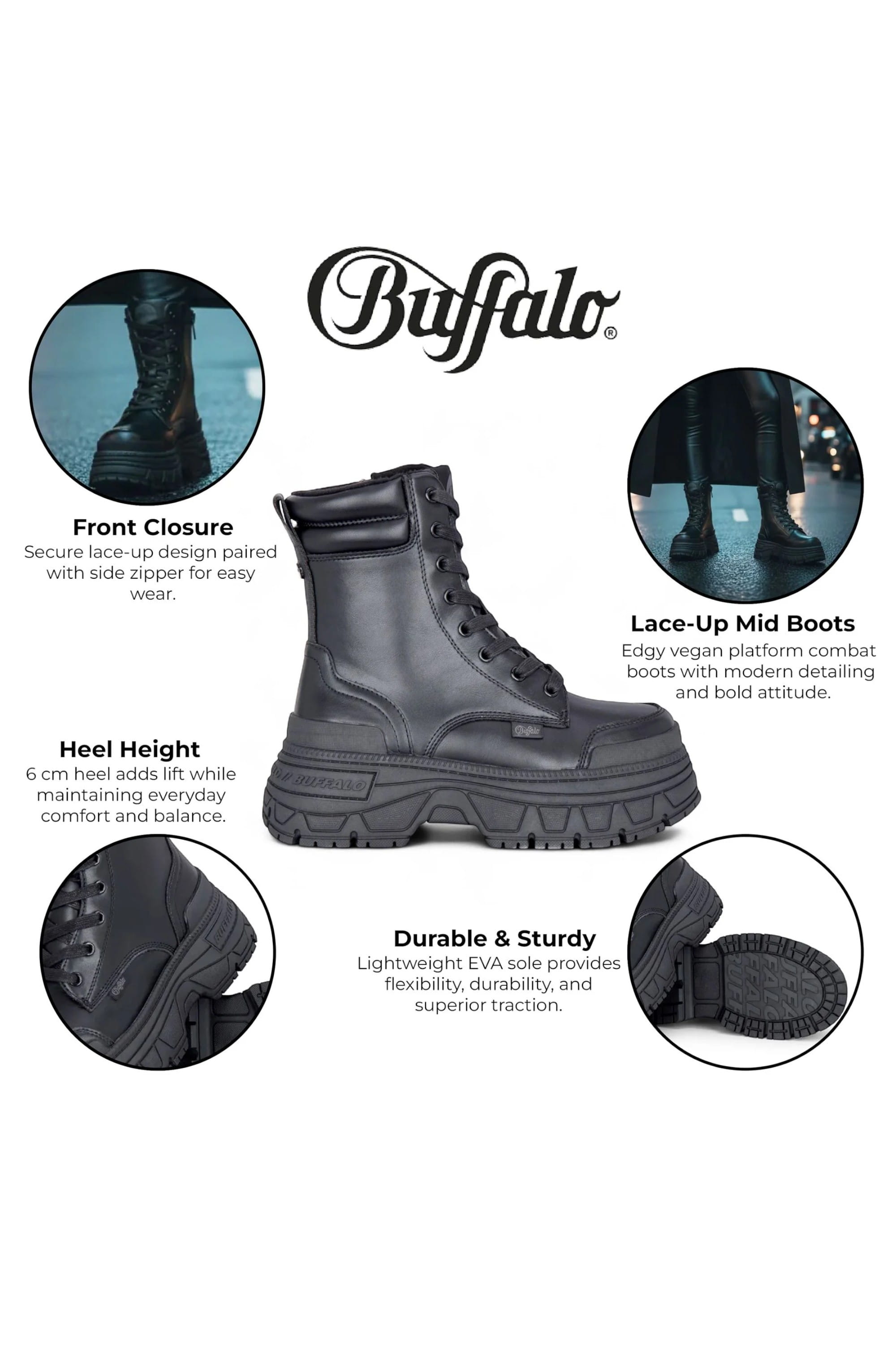 Black Womens Heel Mid High Combat Boots-Fusion, Image 3 of 7