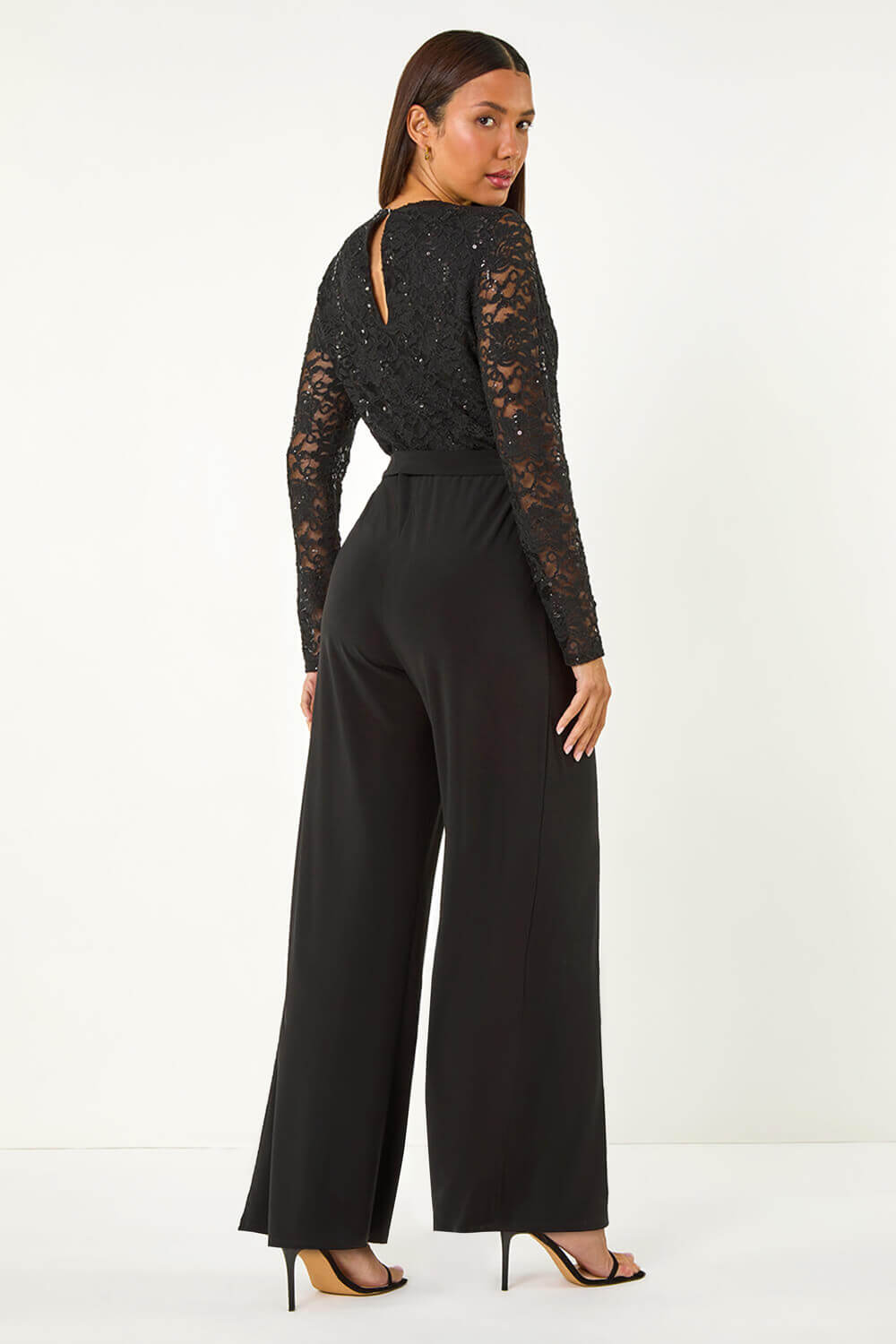 Black Sequin Lace V-Neck Stretch Jumpsuit, Image 4 of 5