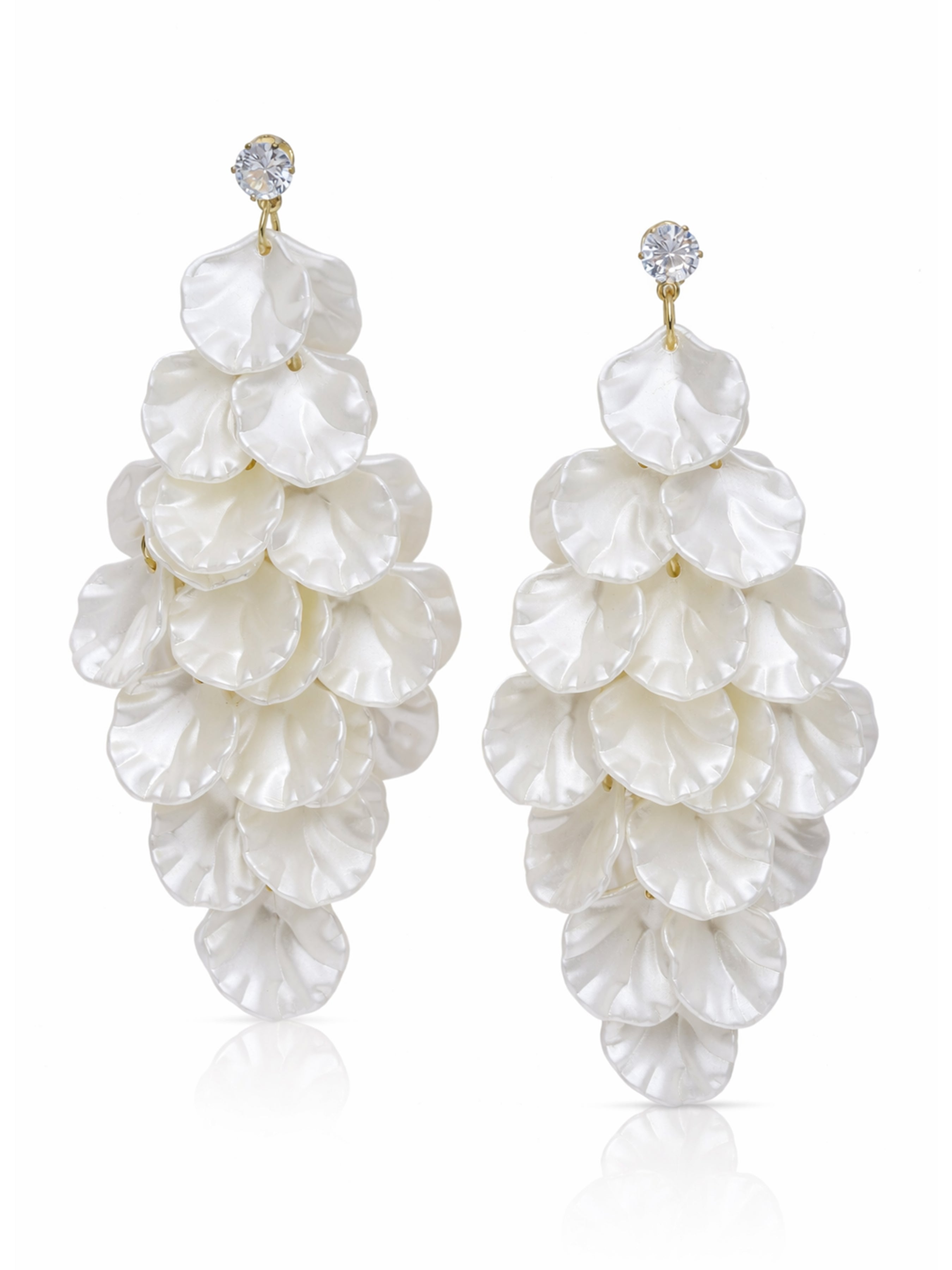 White Crinkled Petal Cascade Statement Earrings
