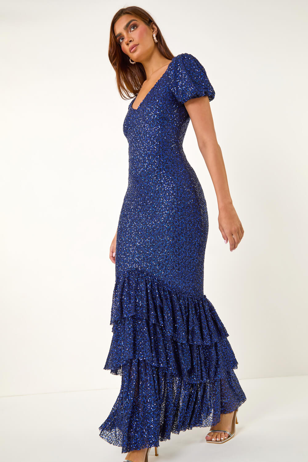 Navy Puff Sleeve Tiered Hem Maxi Dress, Image 3 of 7