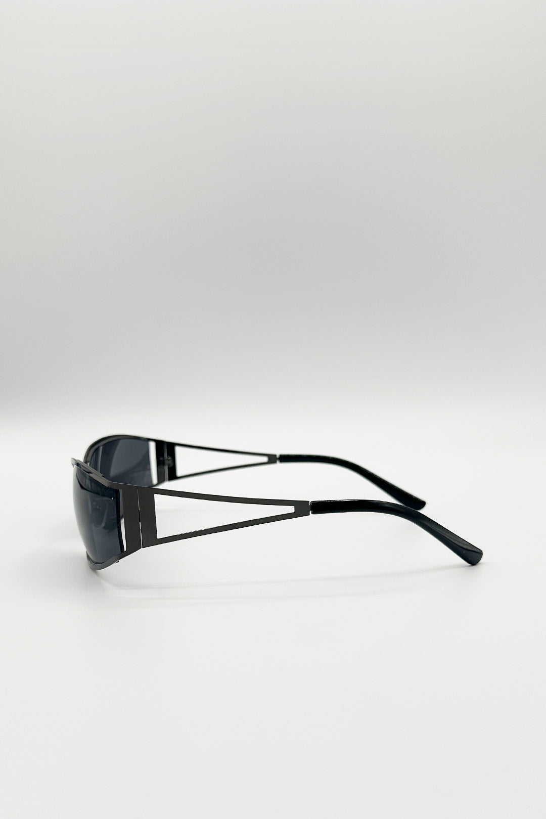 Black Retangle Wrap Around Metal Sunglasses In Gun Metal, Image 5 of 5