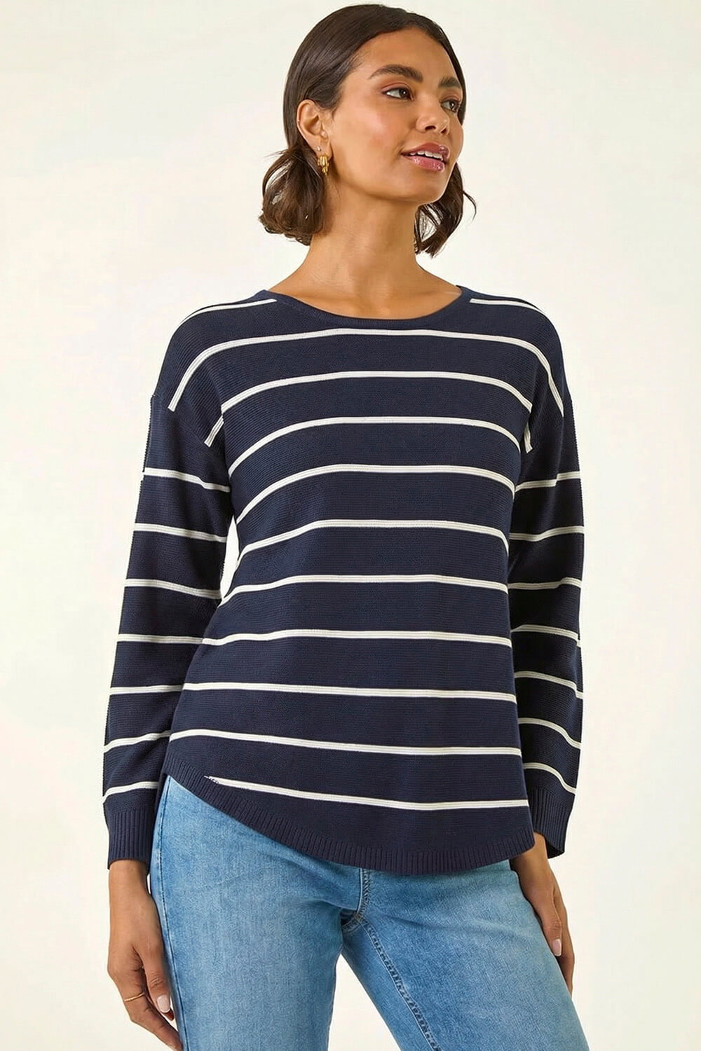 Navy Stripe Curved Hem Knit Jumper, Image 5 of 6