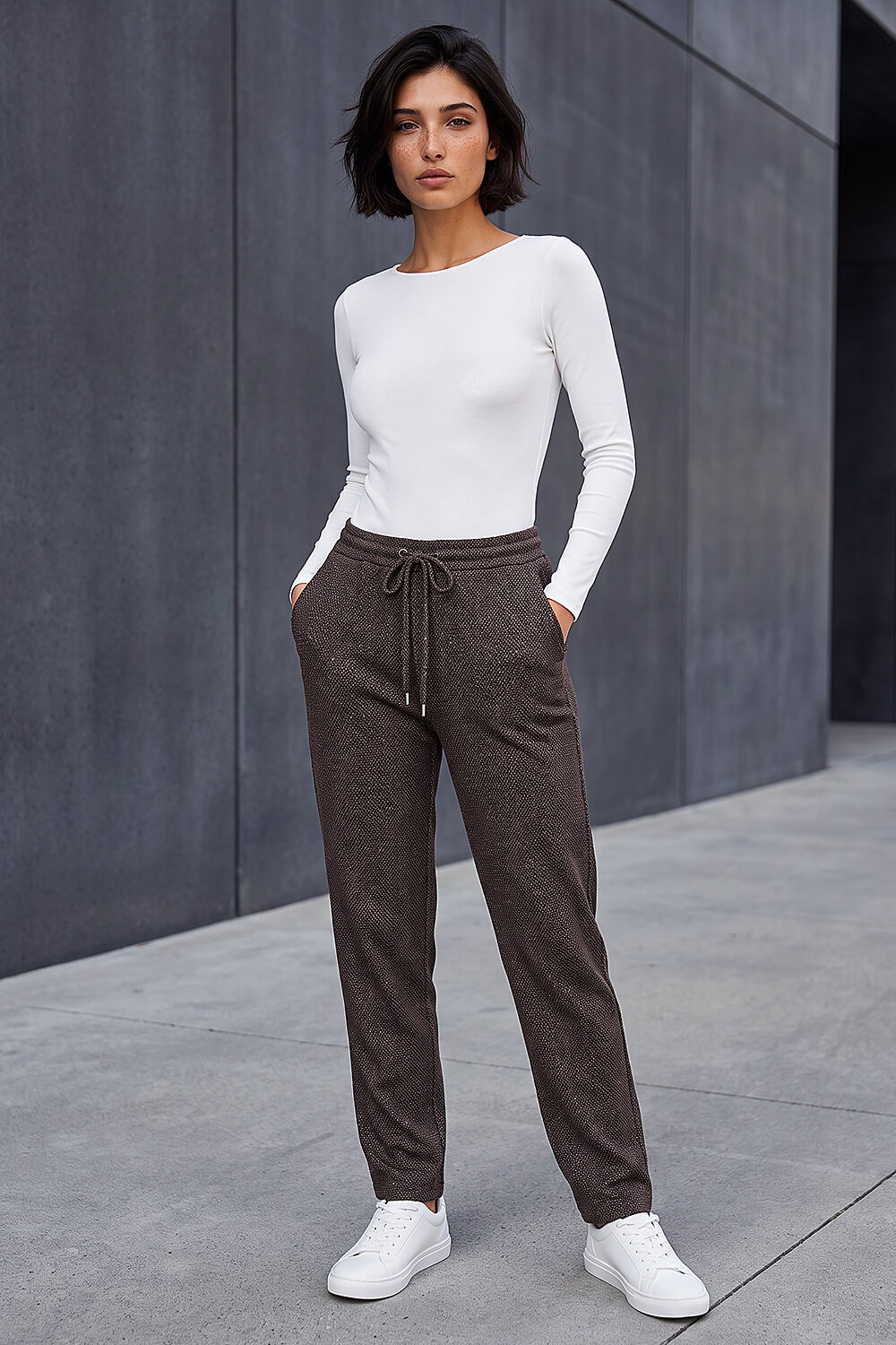 Roman Petite Women's Chocolate Abstract Stretch Trousers Size 18
