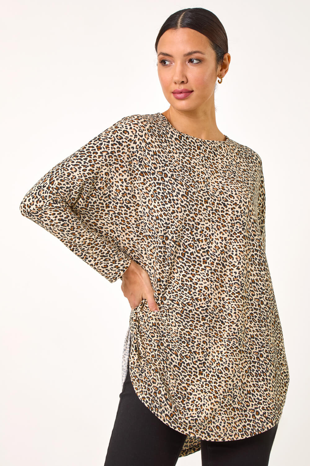 Natural Animal Print Stretch Tunic Top, Image 5 of 5