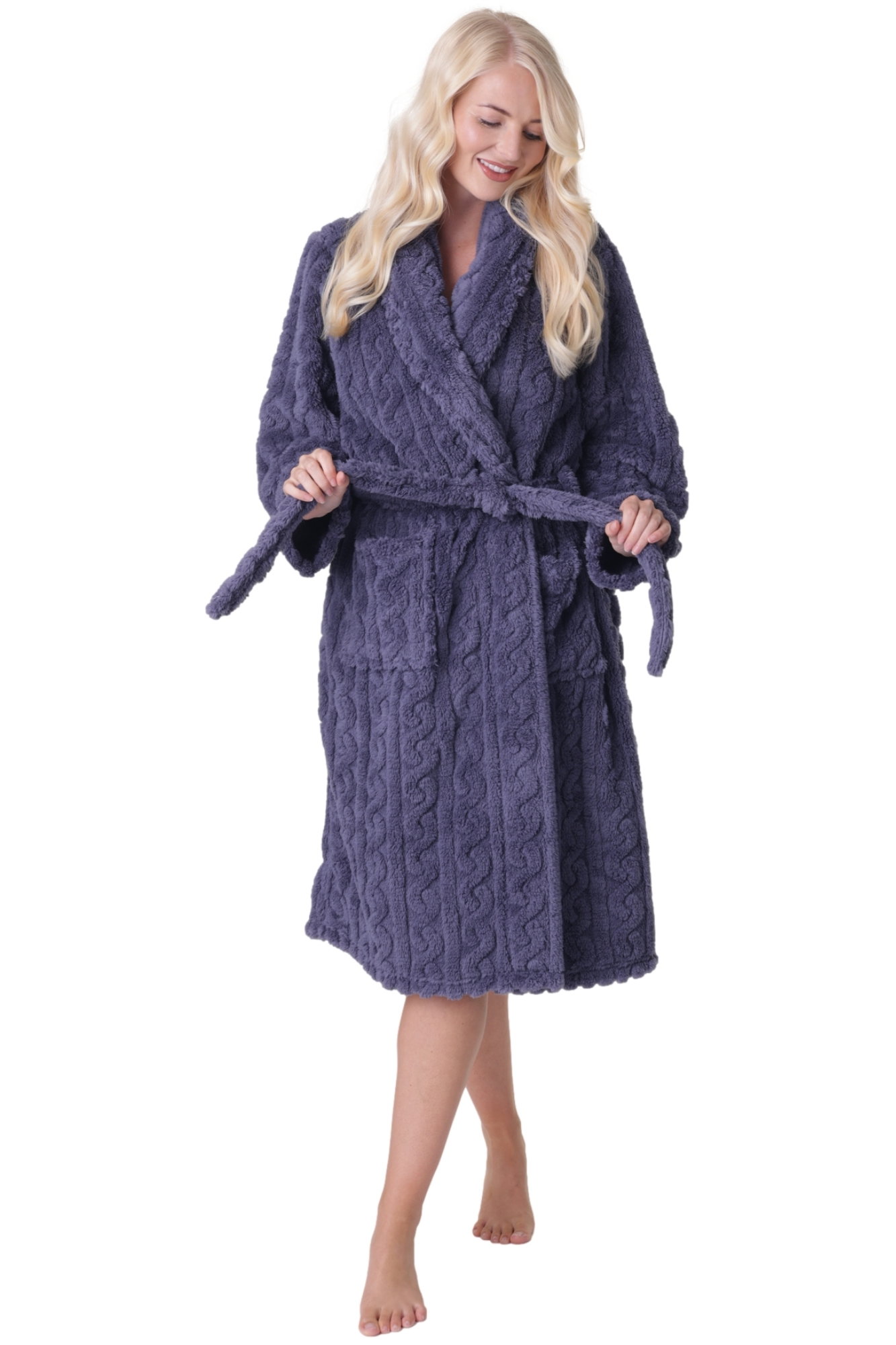 Grey Camille Lingerie Grey Supersoft Fleece Jaquard Bathrobe, Image 2 of 5