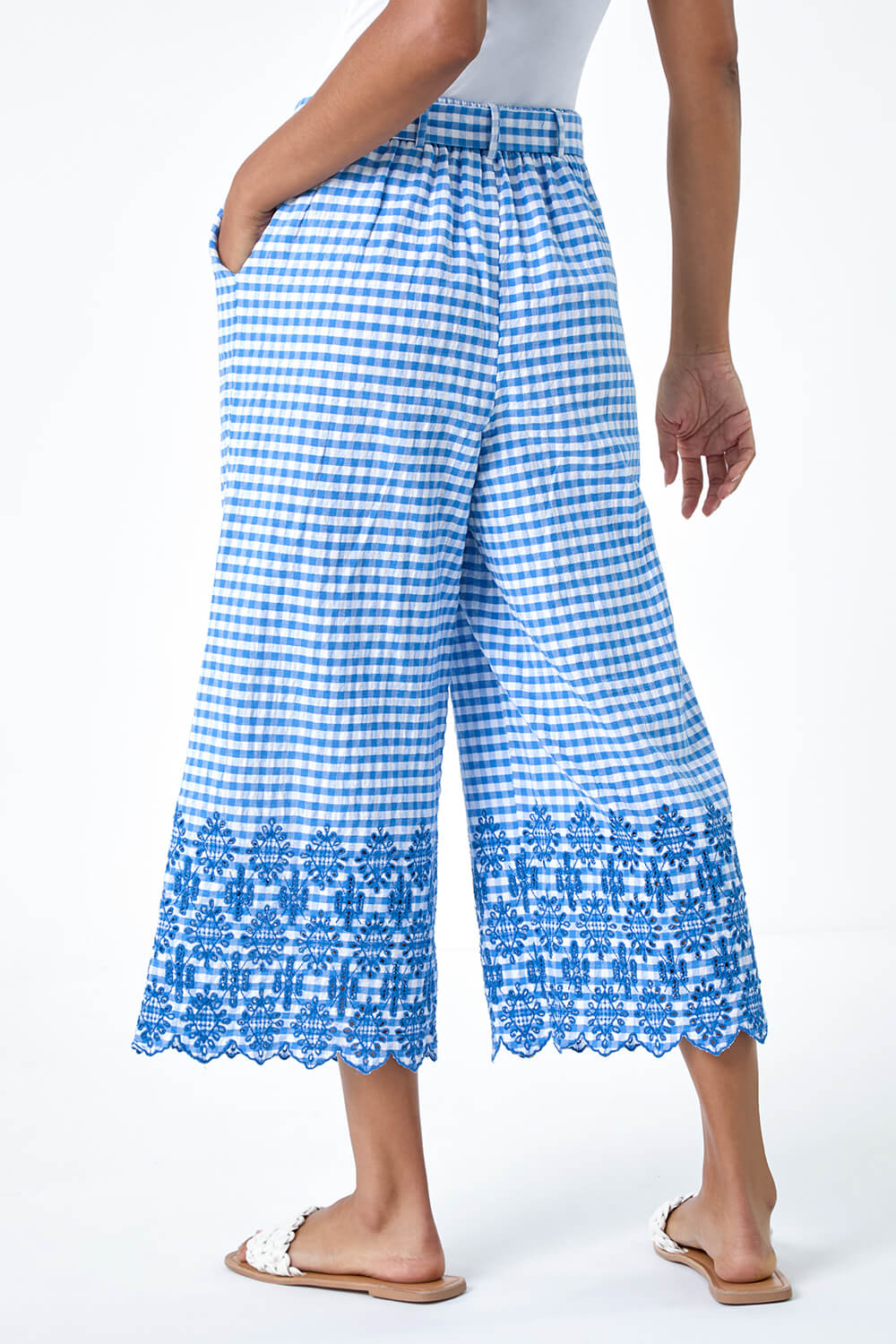 Blue Gingham Cotton Broderie Cropped Trousers, Image 4 of 5
