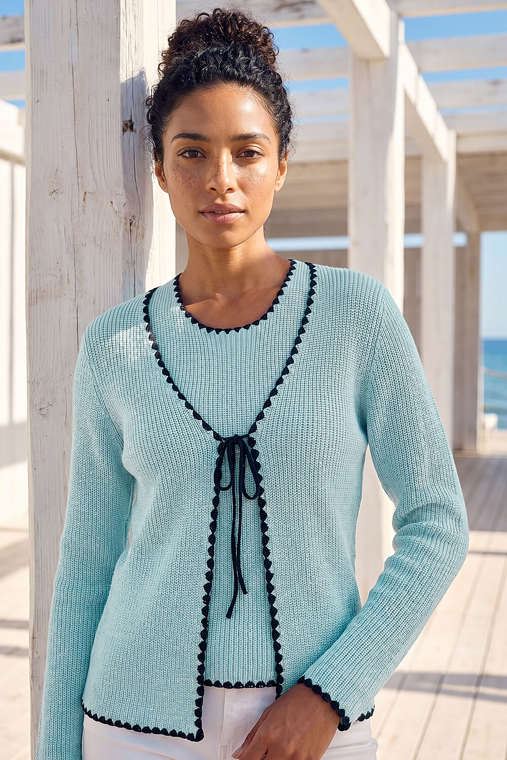 Light Blue  Sequin Detail Trim Knit Cardigan, Image 3 of 4