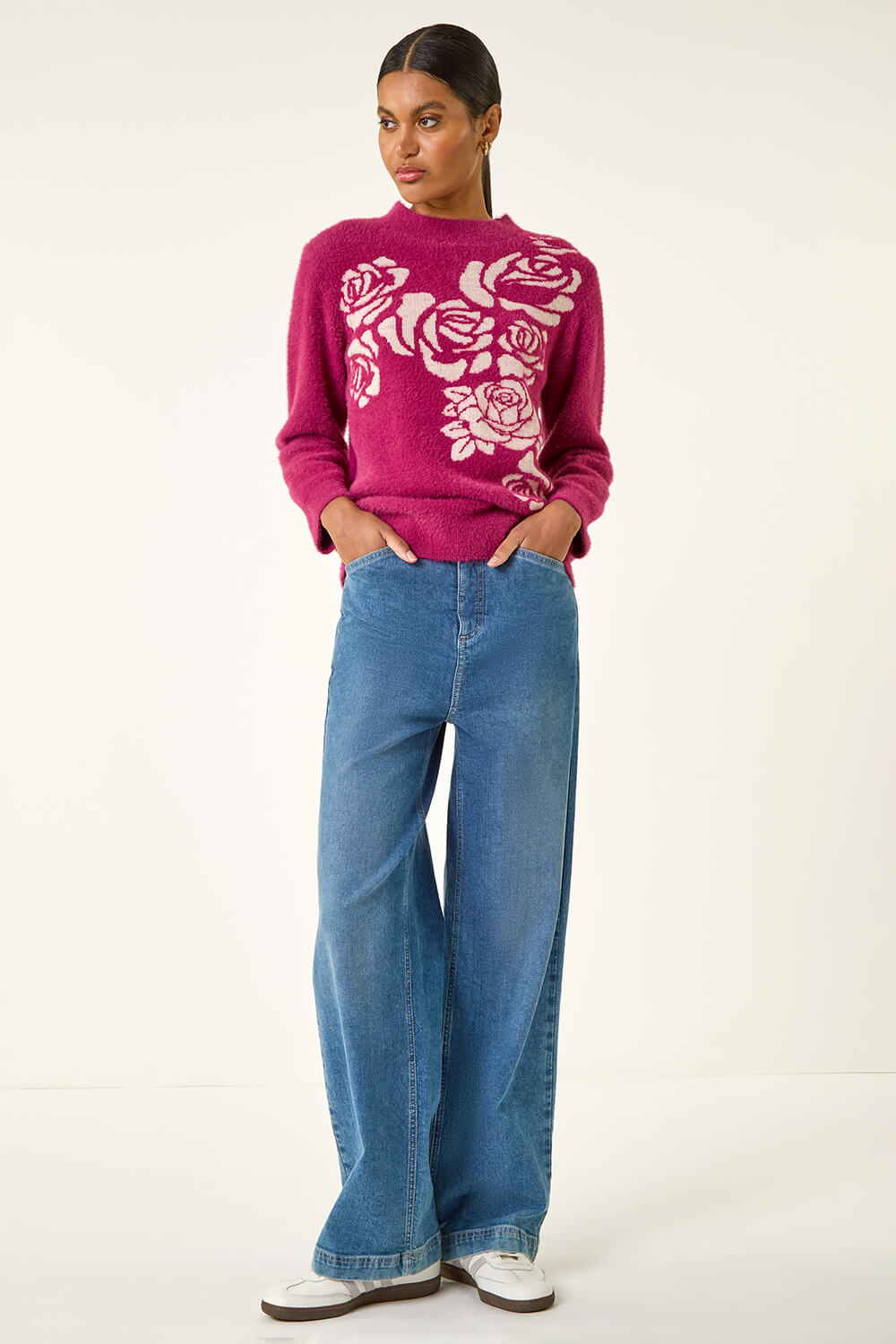 Pink Contrast Rose Knit Jumper | Roman UK