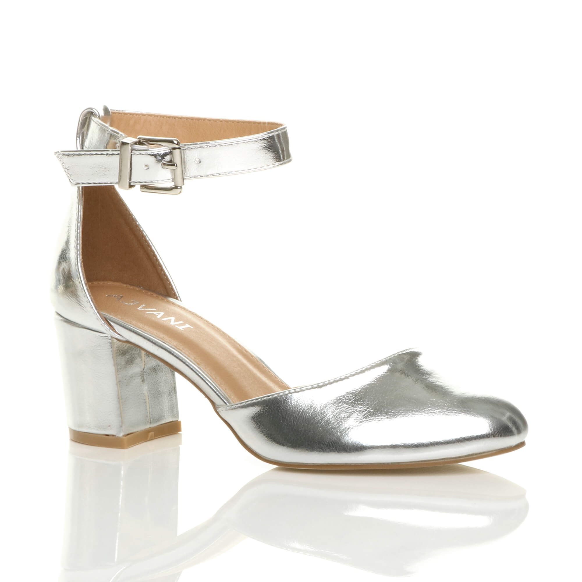 Silver AJVANI Silver Mid Block Heel Ankle Strap 2 Part Heels, Image 1 of 6