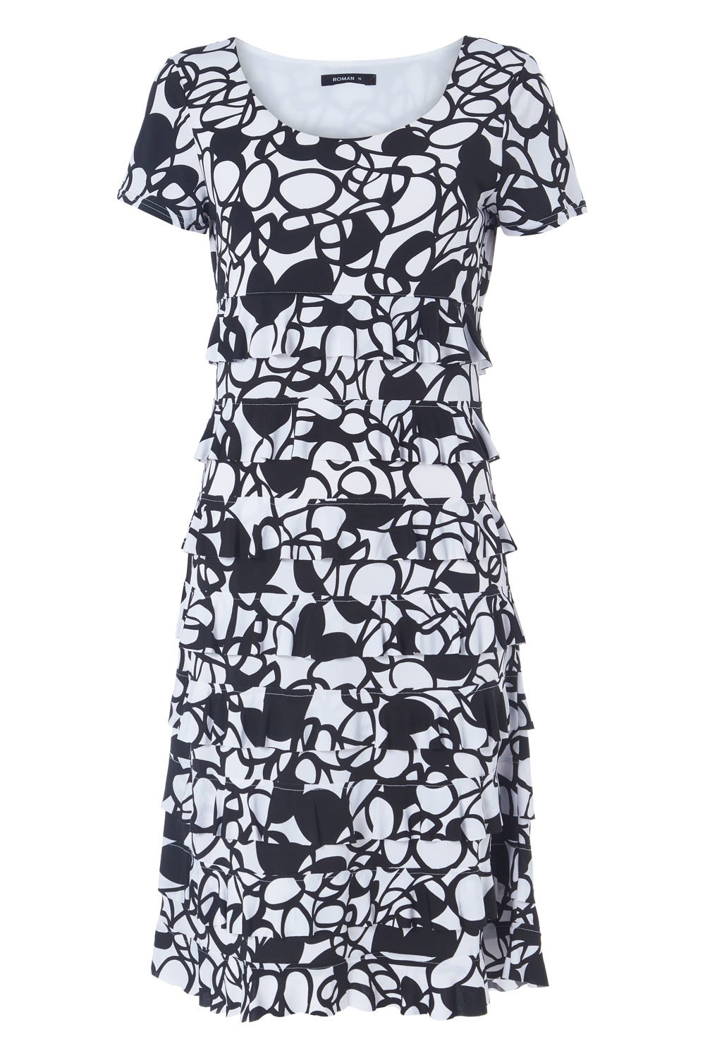 Black Monochrome Print Frill Tiered Dress, Image 5 of 4