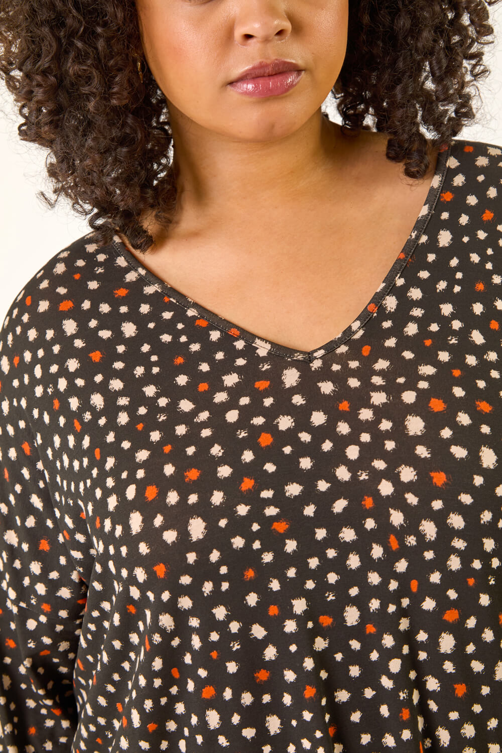 Black Curve Spotted V-Neck Stretch Top, Image 6 of 5