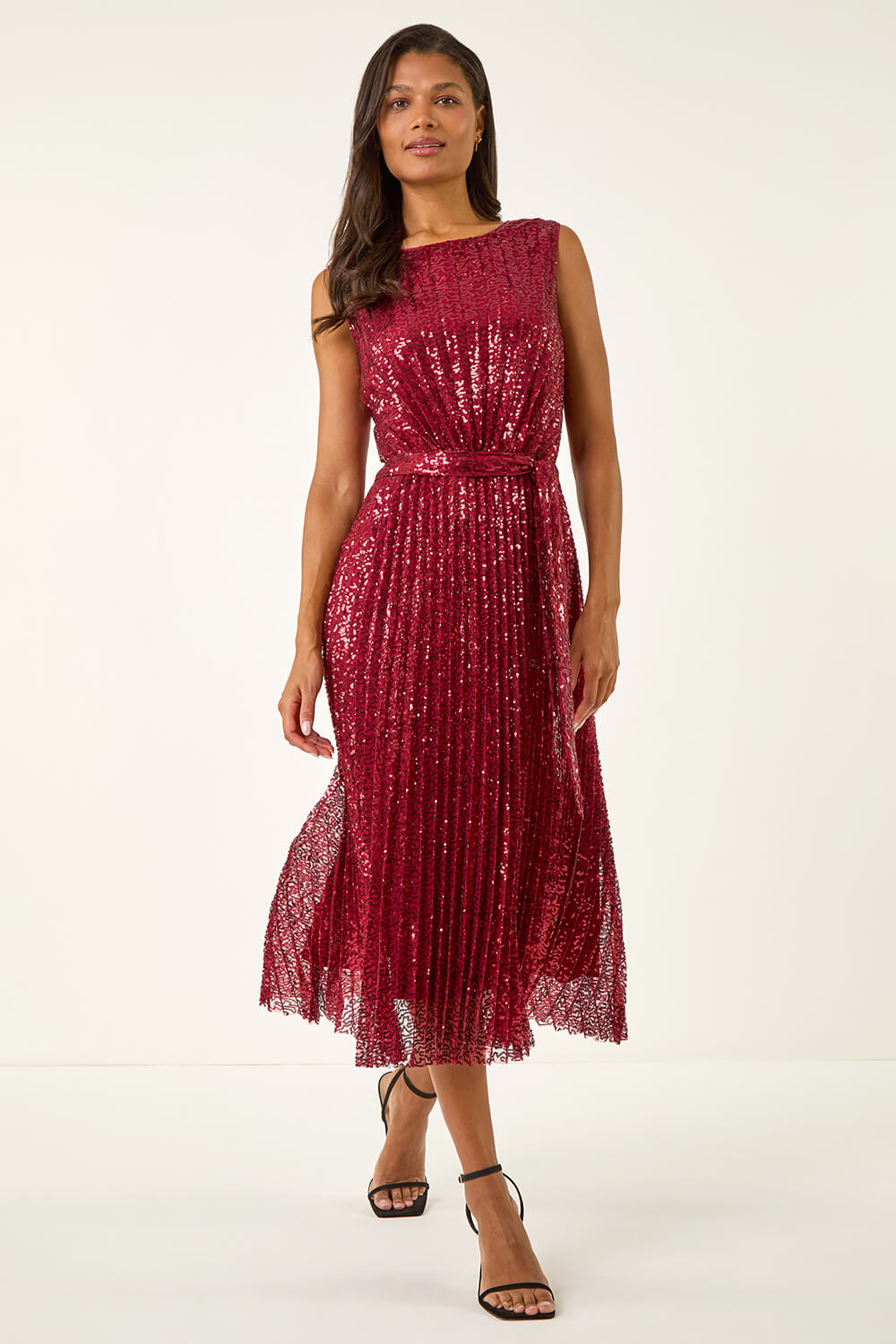 Red Sequin Detail Pleated Midi Dress, Image 3 of 5