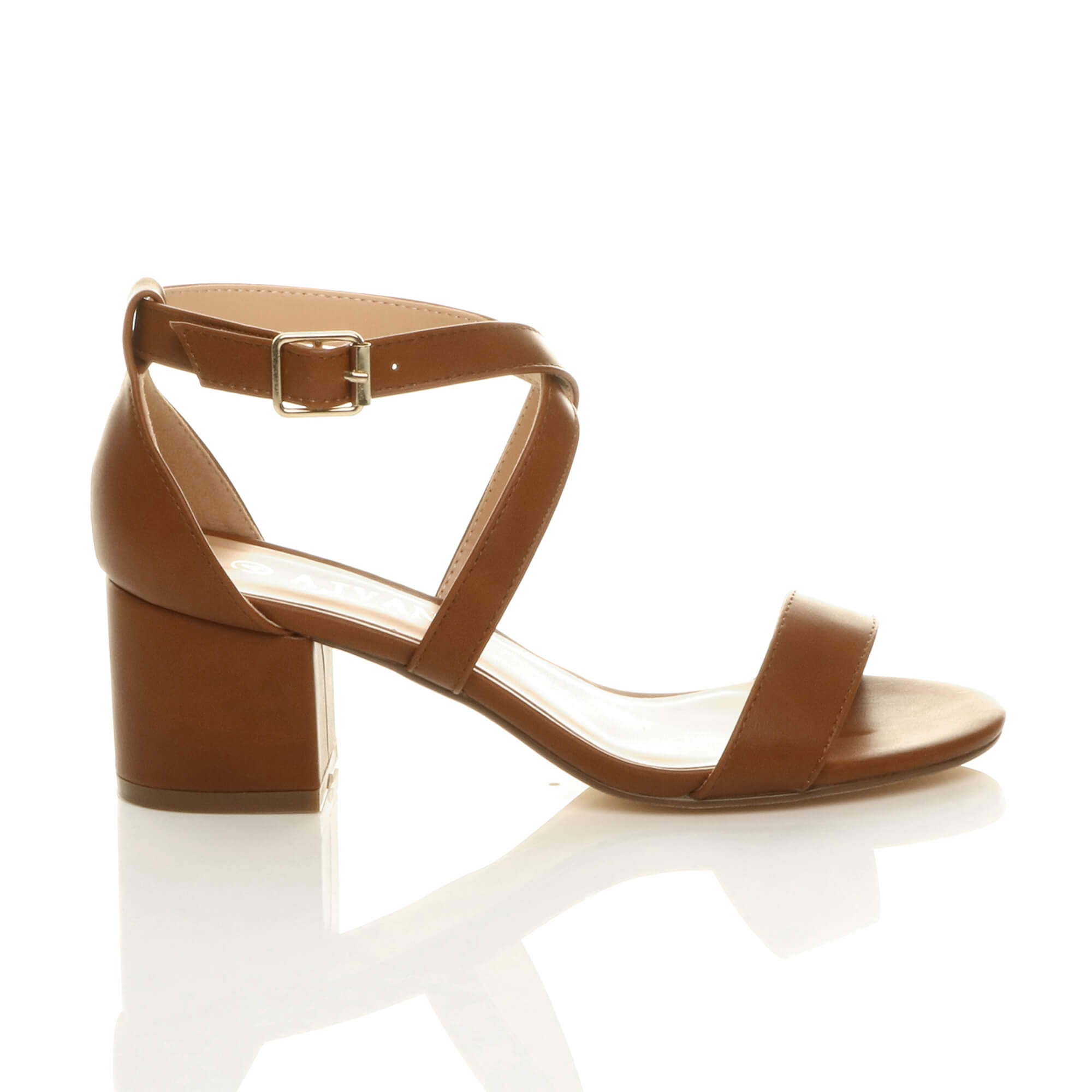 Tan AJVANI Tan Mid Block Heel Crossed Straps Sandals, Image 2 of 6