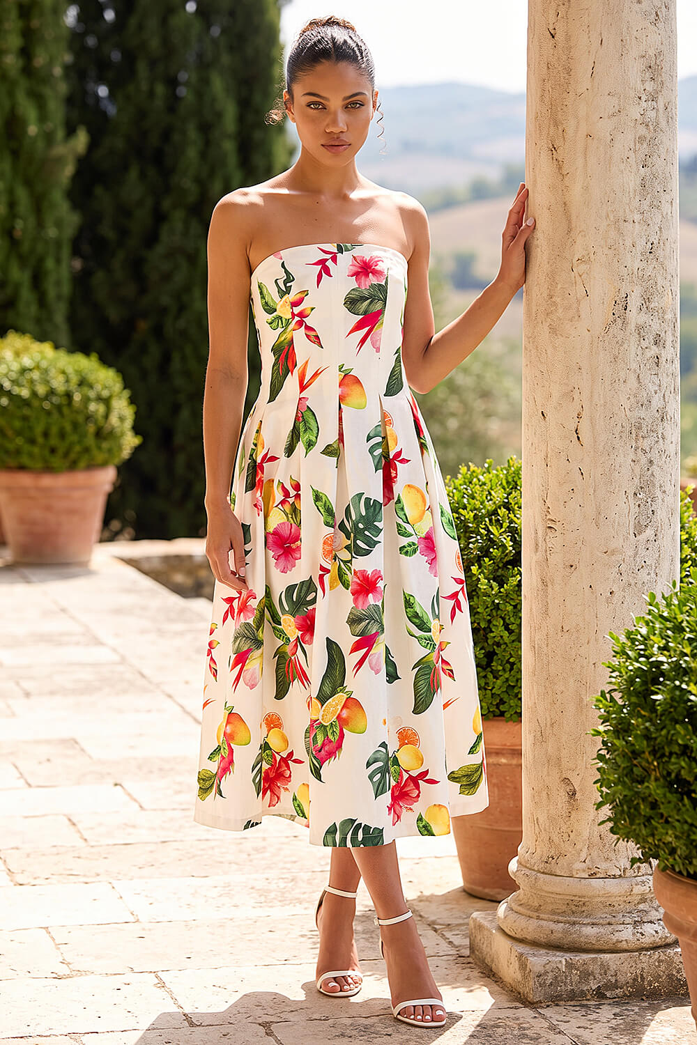 Roman Petite Women's Ivory Bandeau Tropical Print Midi Dress Size 10