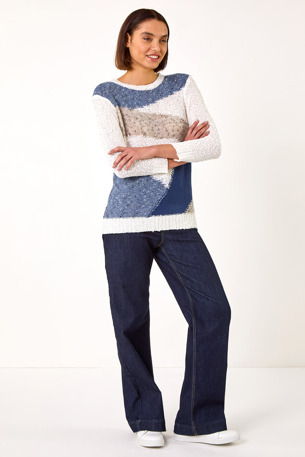 Blue Textured Colour Block Jumper, Image 1 of 5