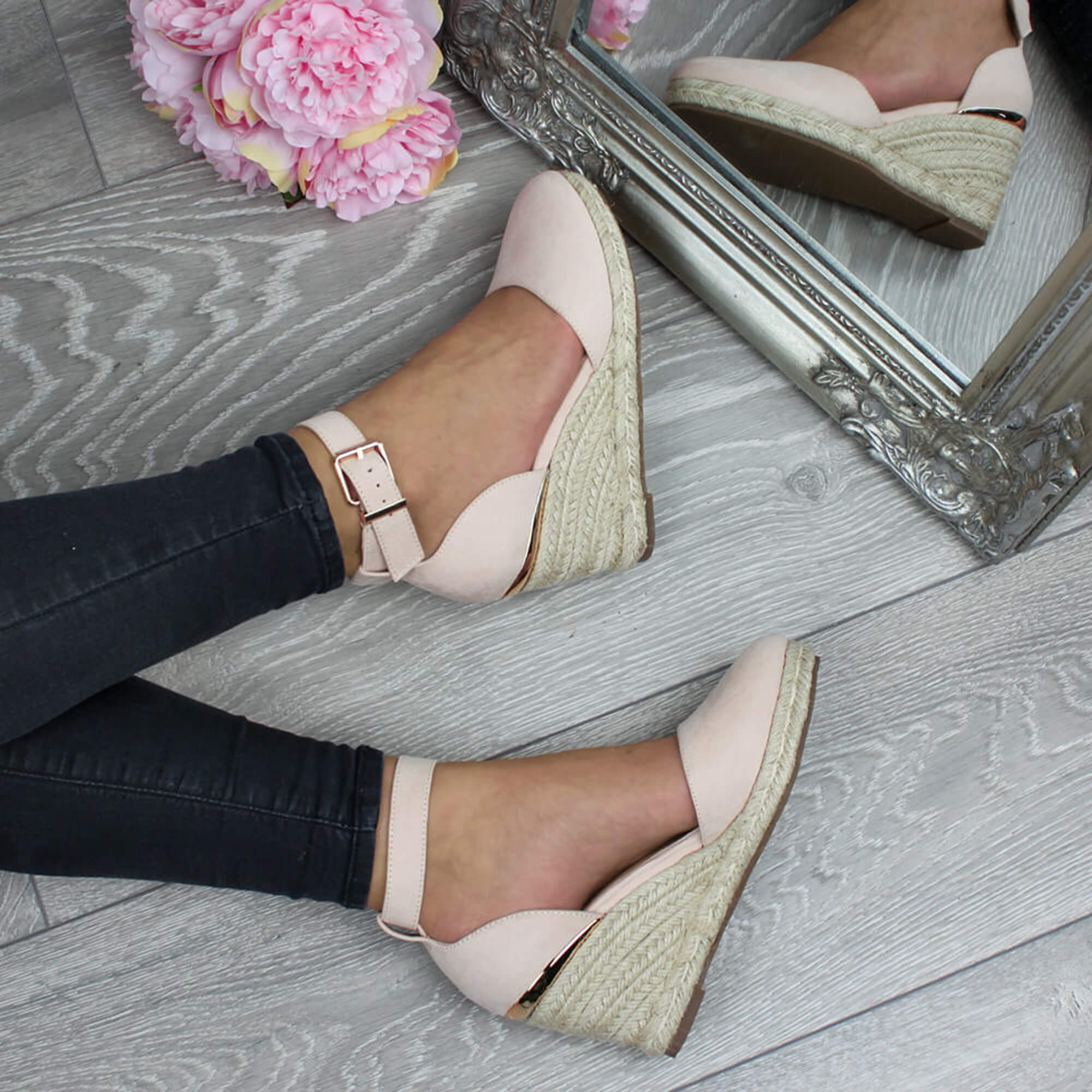 Natural AJVANI Natural Mid Wedge Heel Ankle Strap Espadrille Sandals, Image 5 of 6