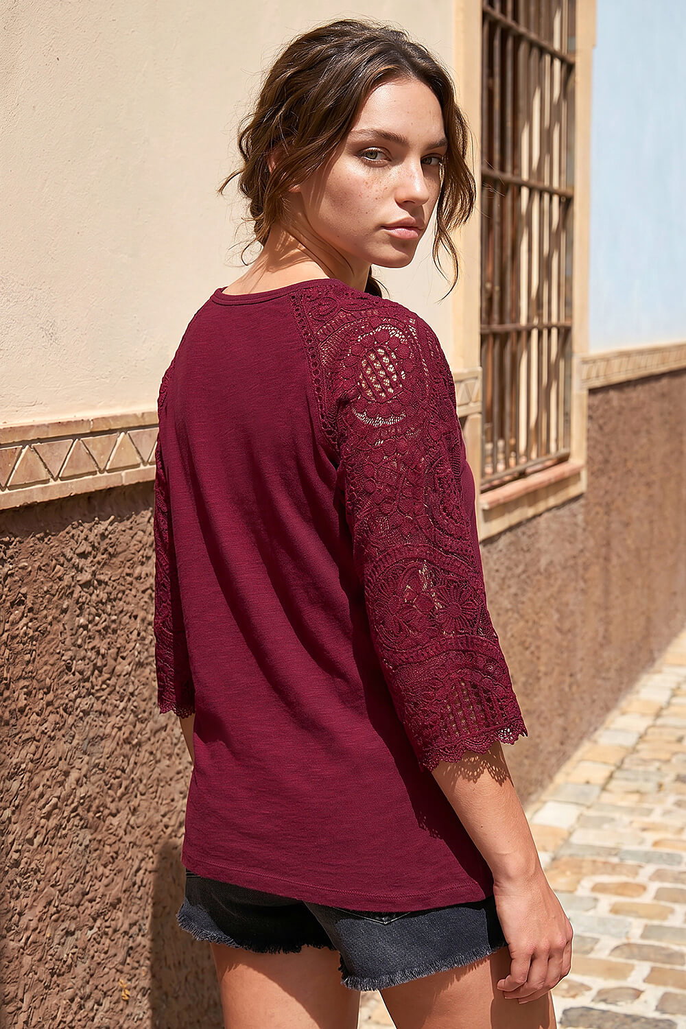 Wine Petite Contrast Sleeve Top, Image 3 of 4