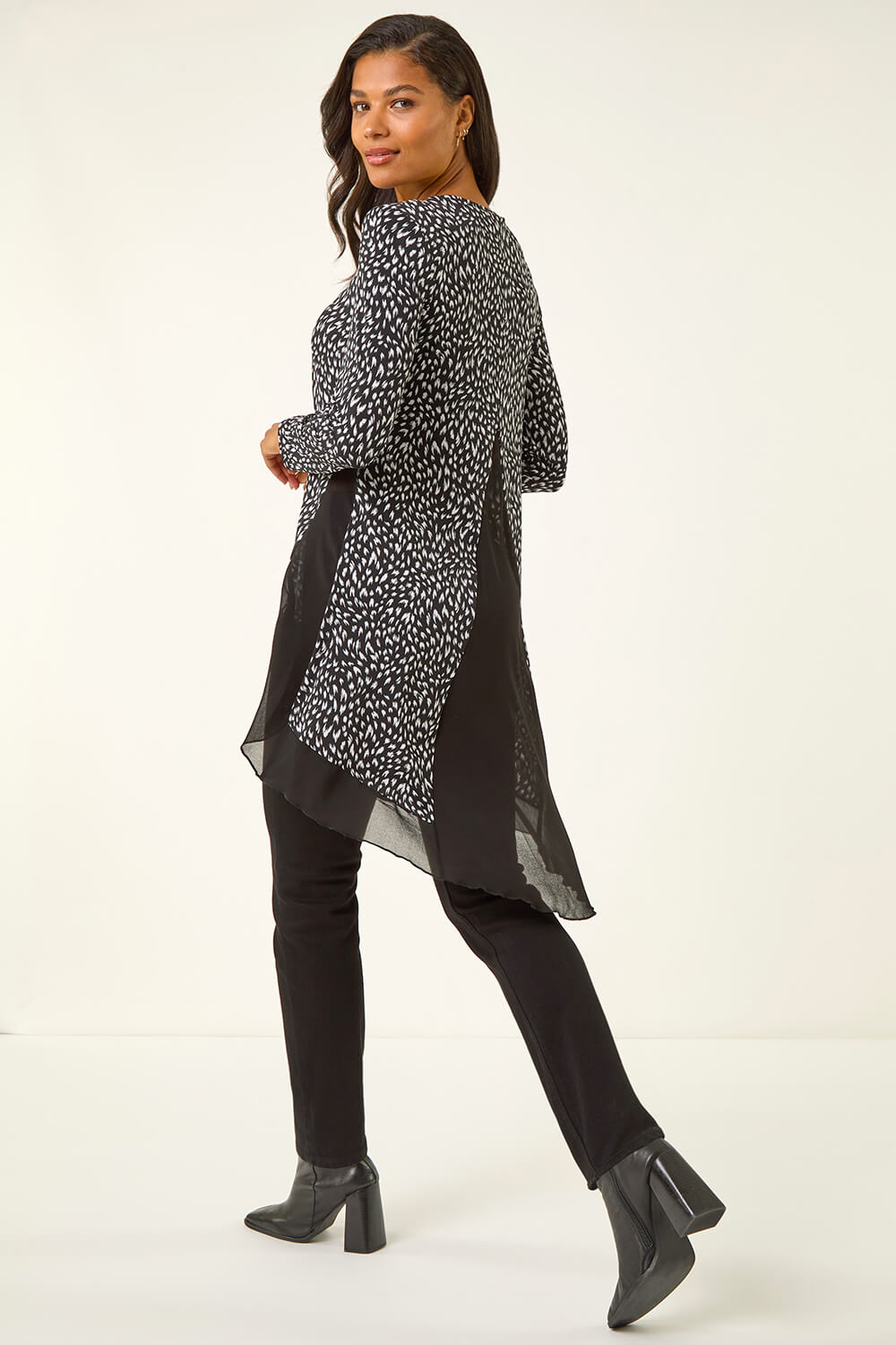 Black Spot Print Chiffon Hem Stretch Top, Image 4 of 5