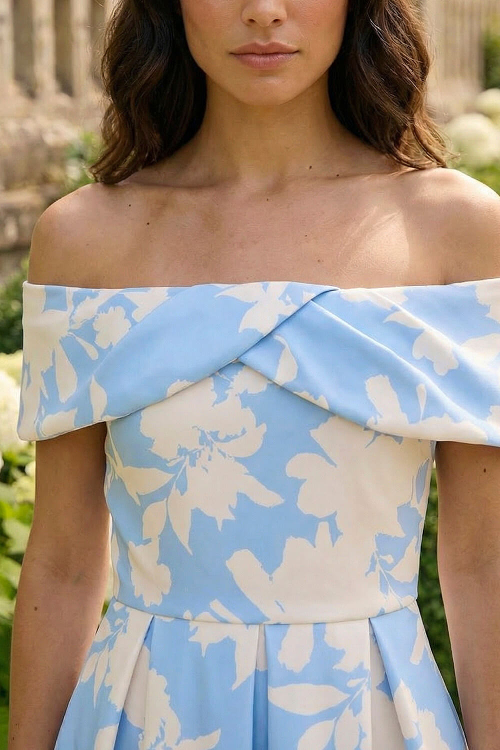 Light Blue Floral Bardot Premium Stretch Midi Dress, Image 5 of 4