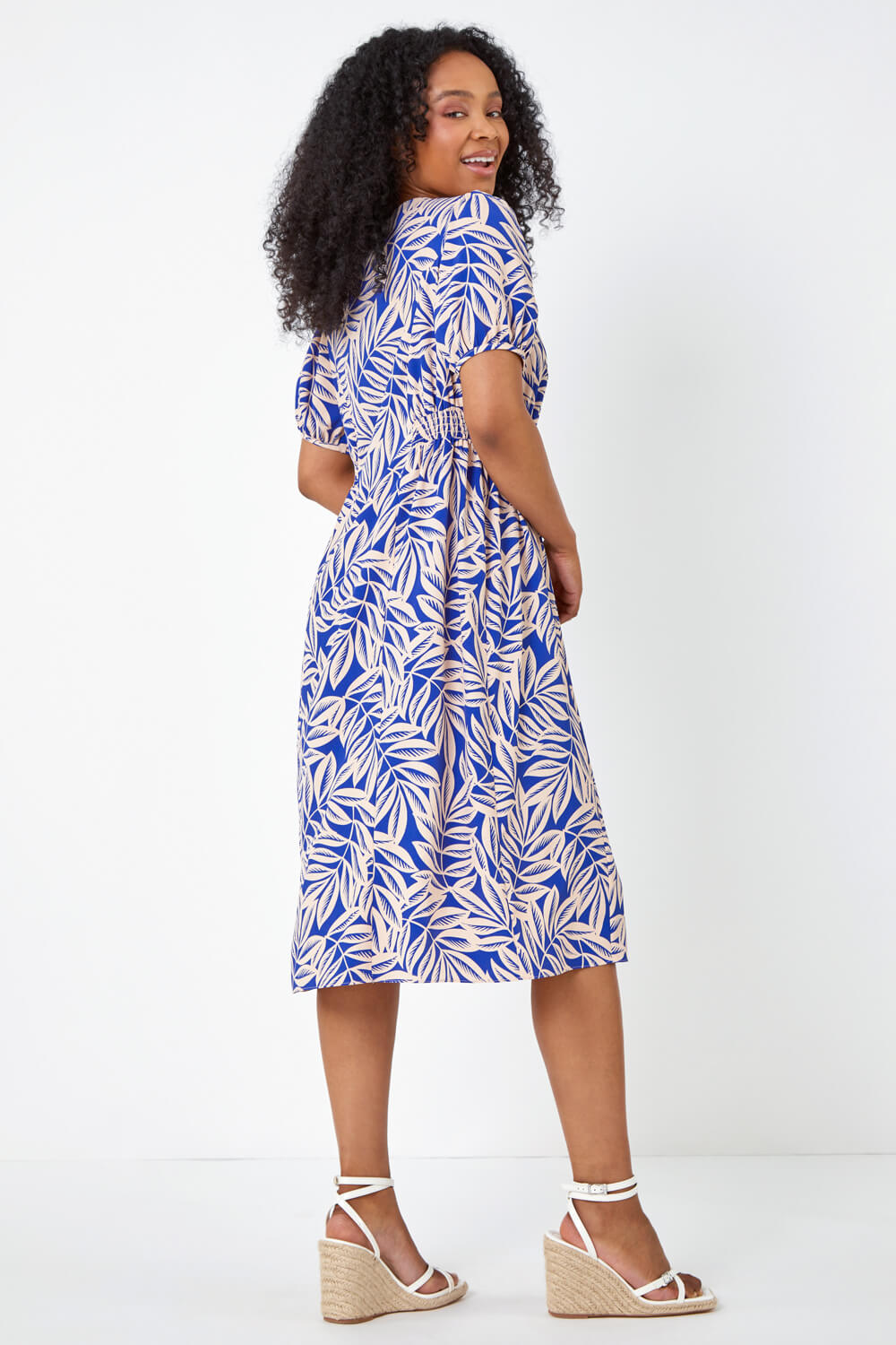 Blue Petite Leaf Print Button Midi Dress, Image 4 of 5