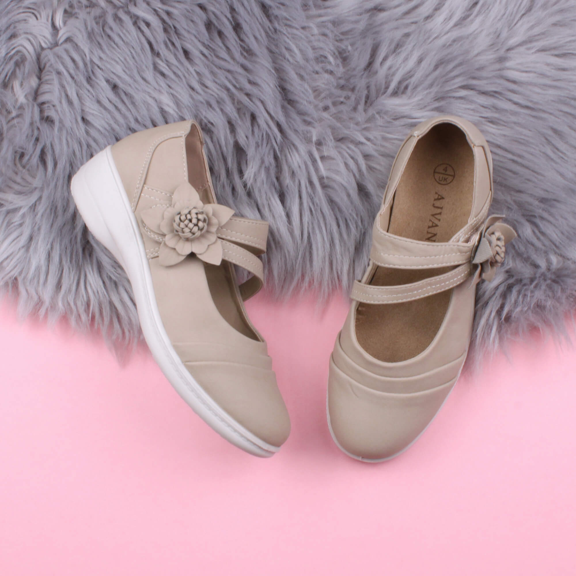 Beige AJVANI Beige Flat Comfort Mary Jane Shoes, Image 4 of 6