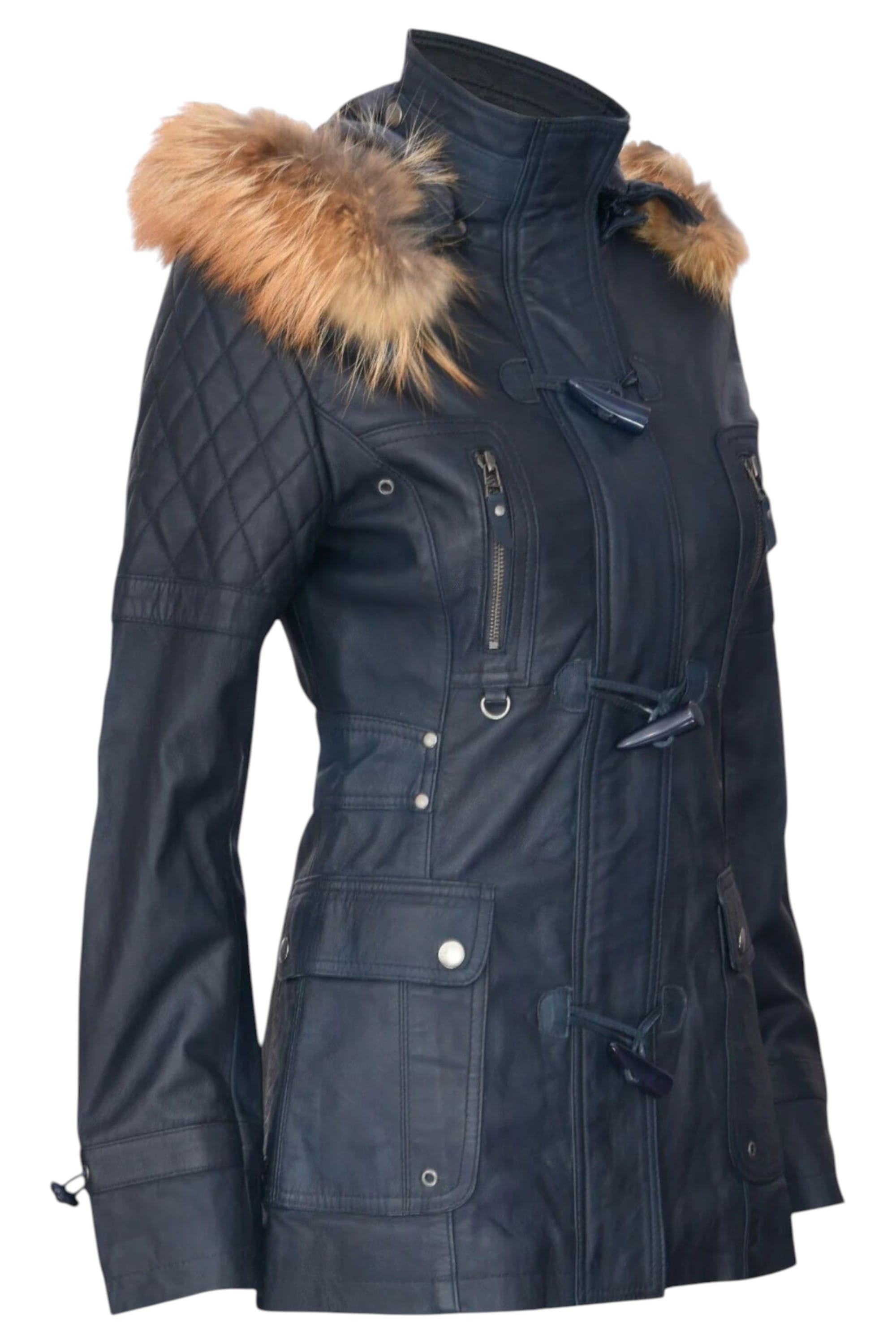 Navy Lamb Leather Parka Fur Hood Jacket, Image 4 of 6