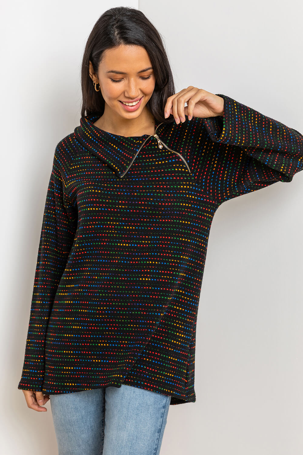 Black Side Split Zip Detail Tunic Top, Image 1 of 5