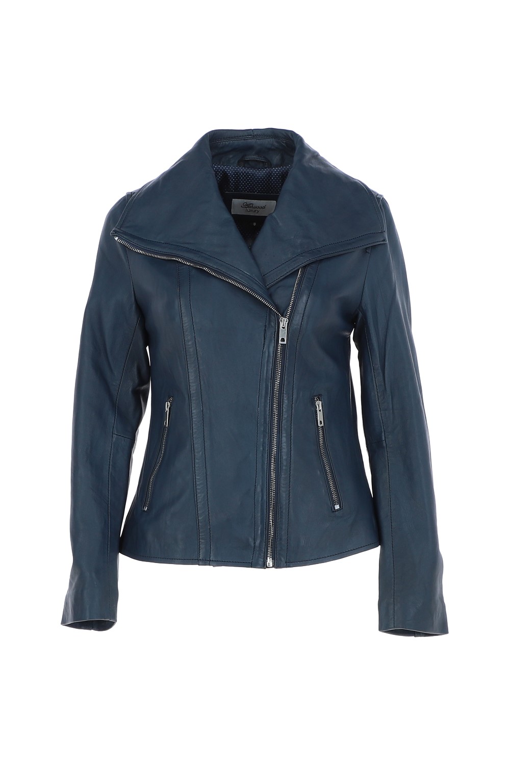 Navy Ashwood Leather Navy 'Isabella' Real Leather Wide Collar Biker Jacket, Image 2 of 5