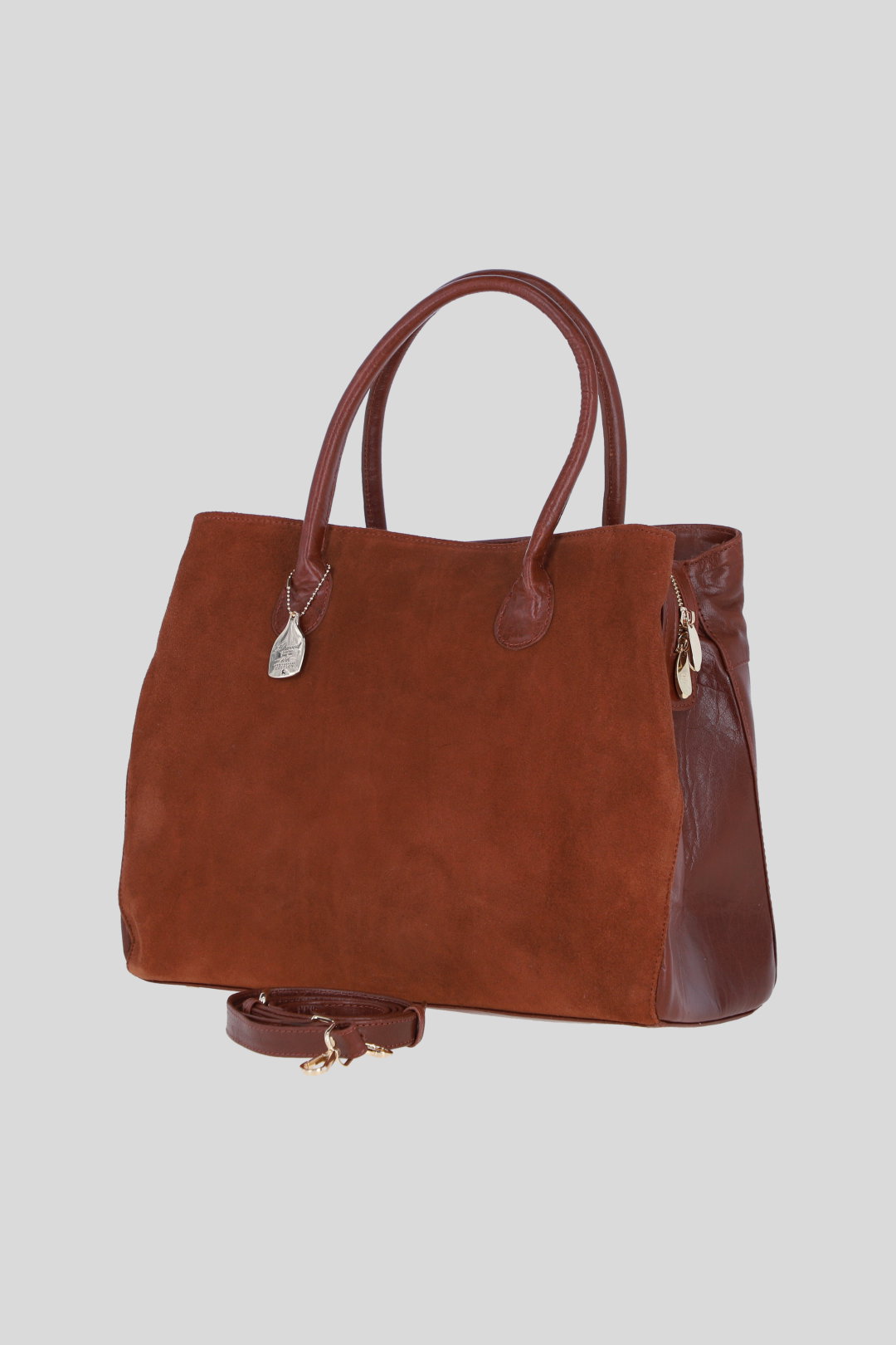 Tan Real Leather and Suede Large Handbag with Detachable Strap, Image 2 of 4