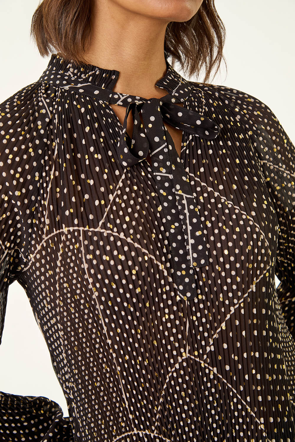 Black Spot Print Tie Neck Pleated Top, Image 6 of 5