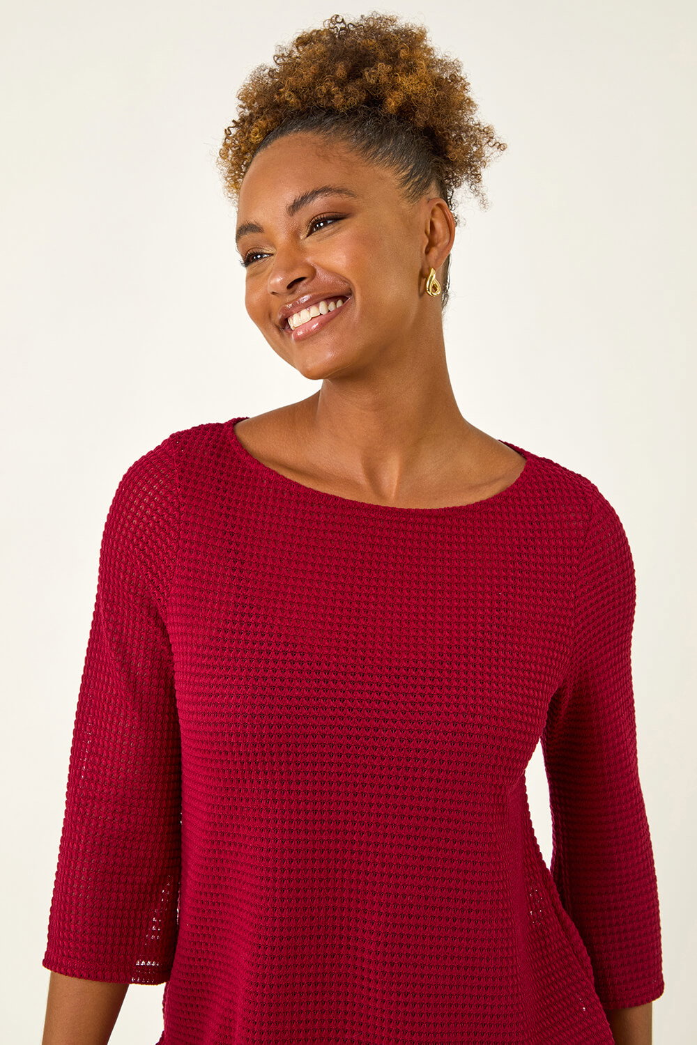 Red Crochet Knit Tunic Stretch Top, Image 5 of 5