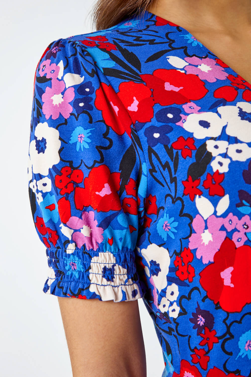 Blue Floral Frill Sleeve Wrap Dress , Image 6 of 5