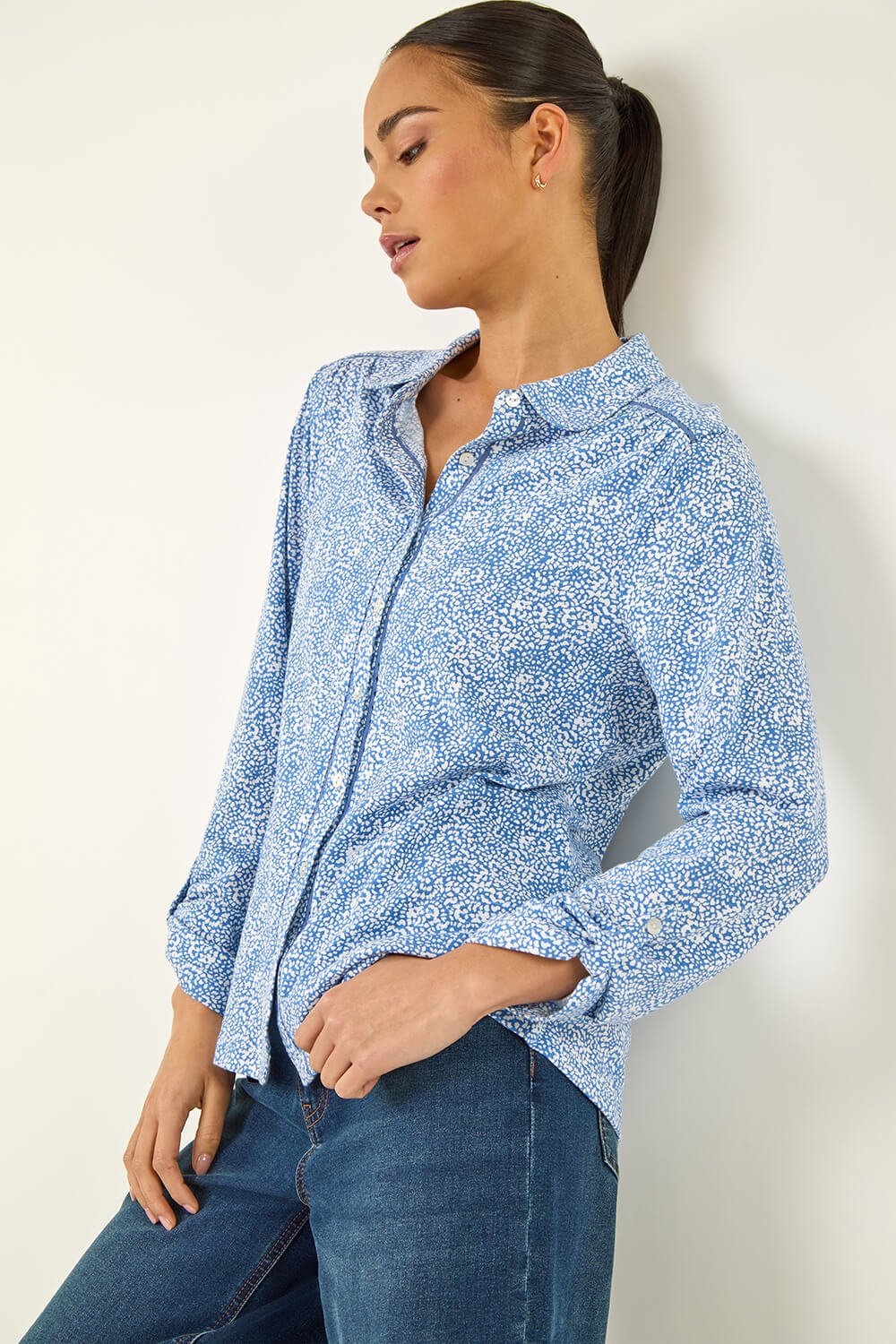 Blue Petite Abstract Spot Jersey Shirt, Image 1 of 7