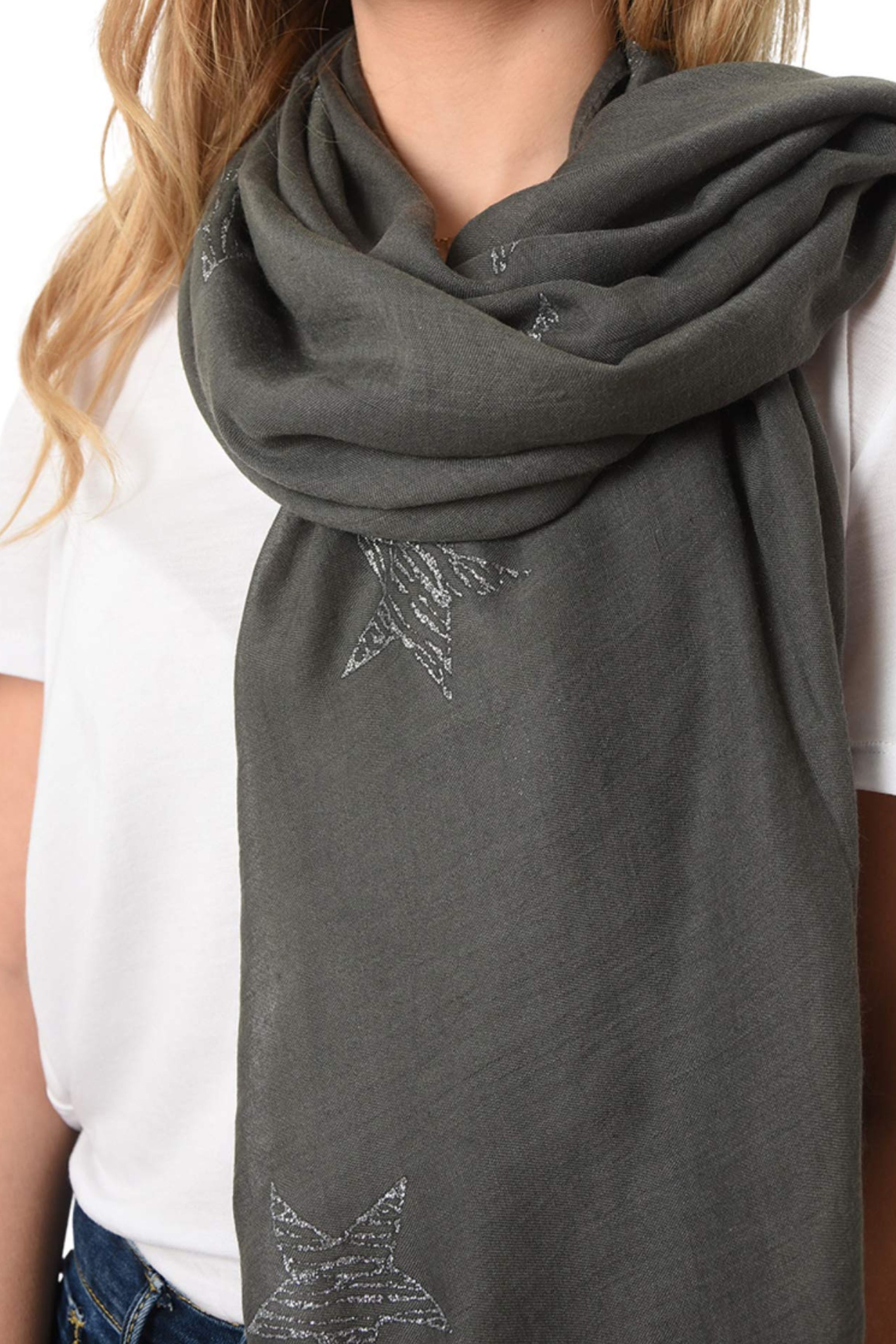Dark Grey Silver Glitter Star Lightweight Scarf, Image 2 of 3