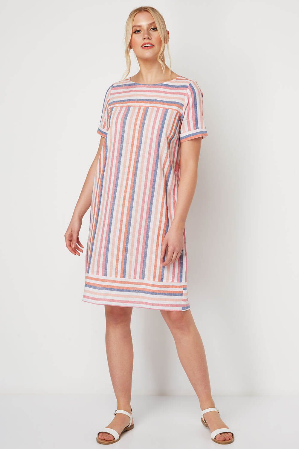 Multi Coloured Striped Linen Blend Tunic Dress, Image 3 of 5