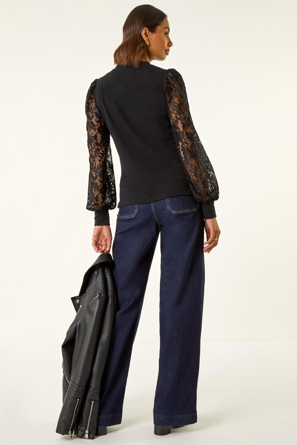 Black Lace Sleeve Detail Stretch Top, Image 5 of 5