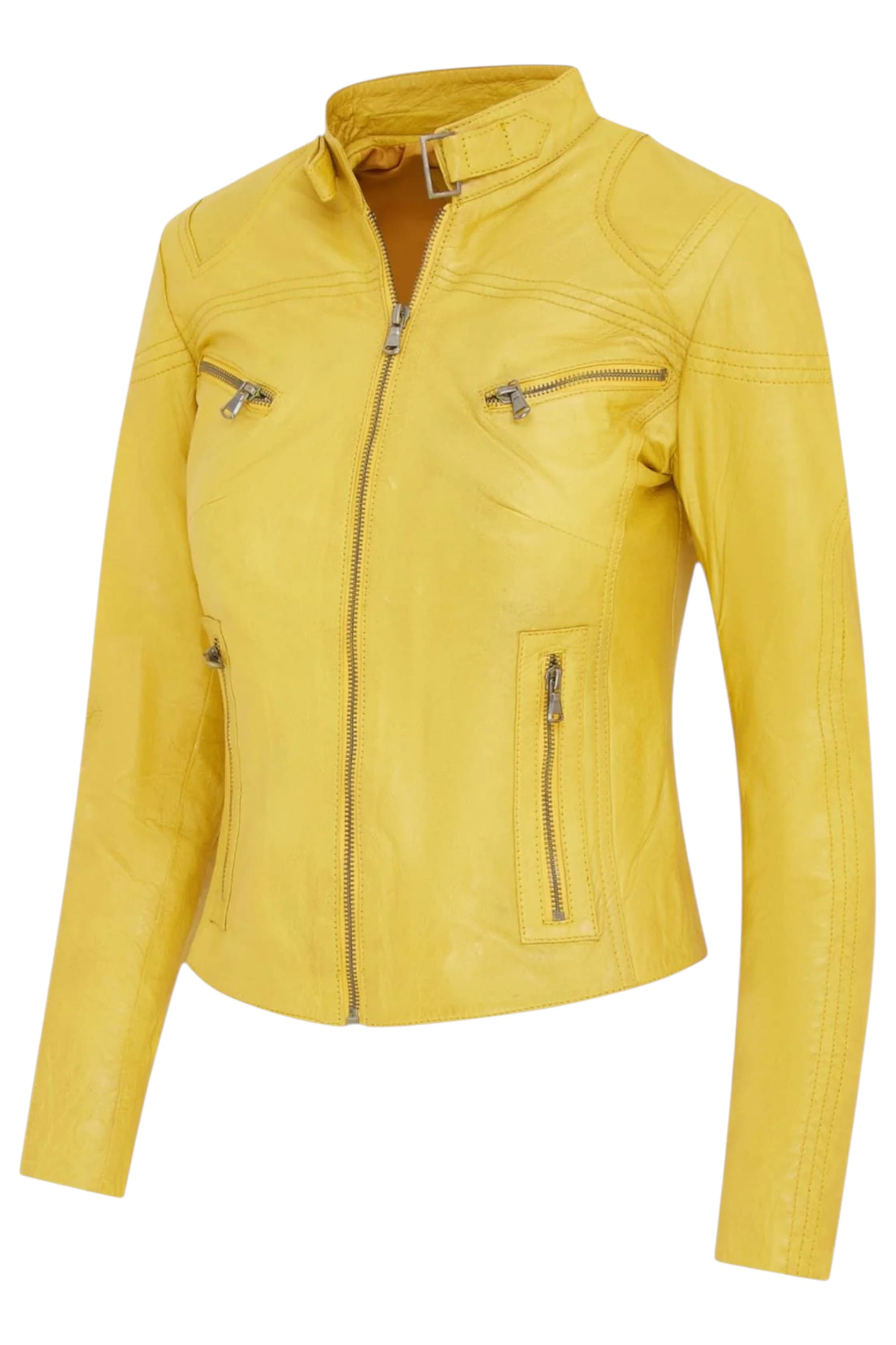 Yellow Slim-Fit Leather Biker Jacket-Tulsa, Image 4 of 7