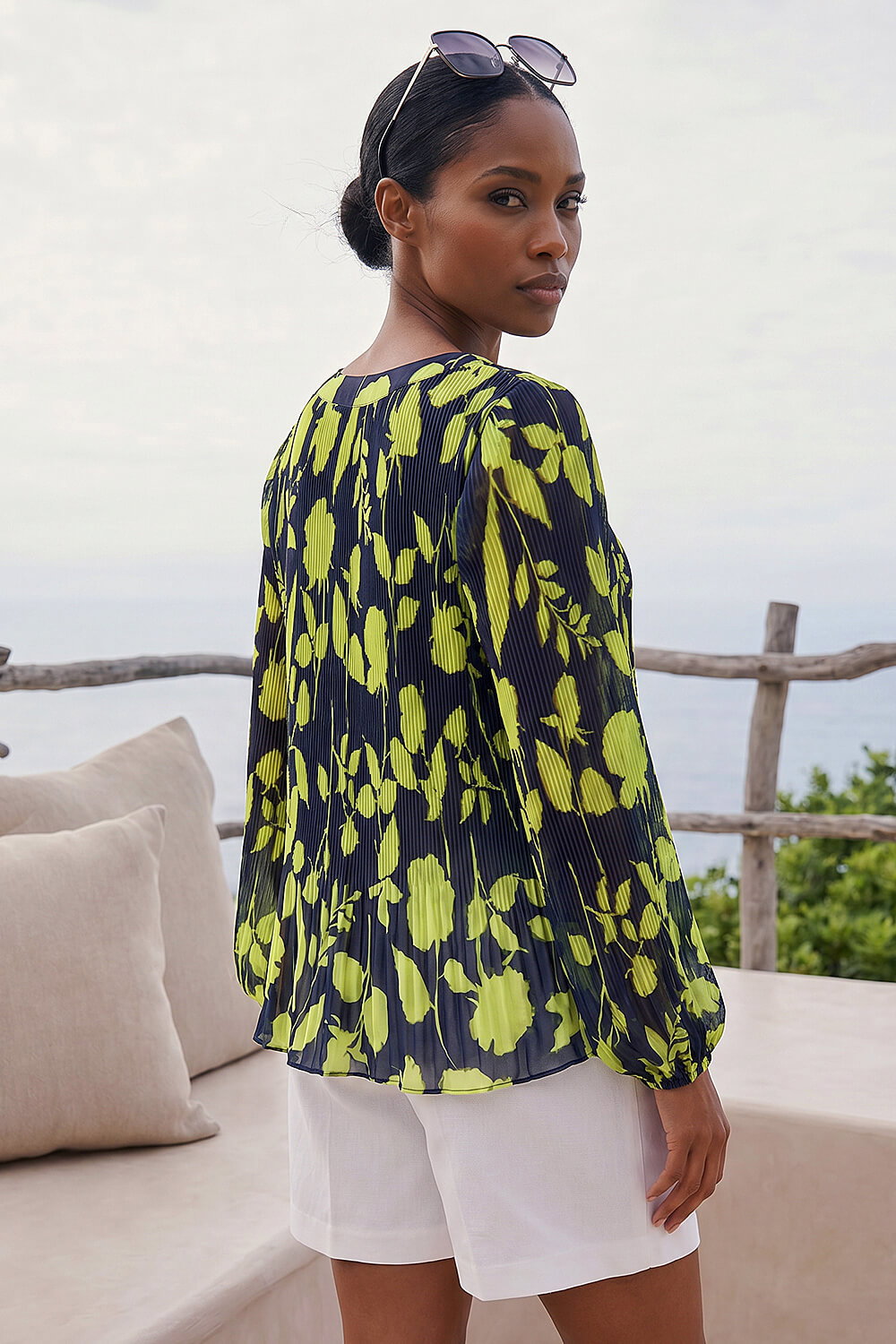 Navy Floral Print Pleated Blouse, Image 3 of 4