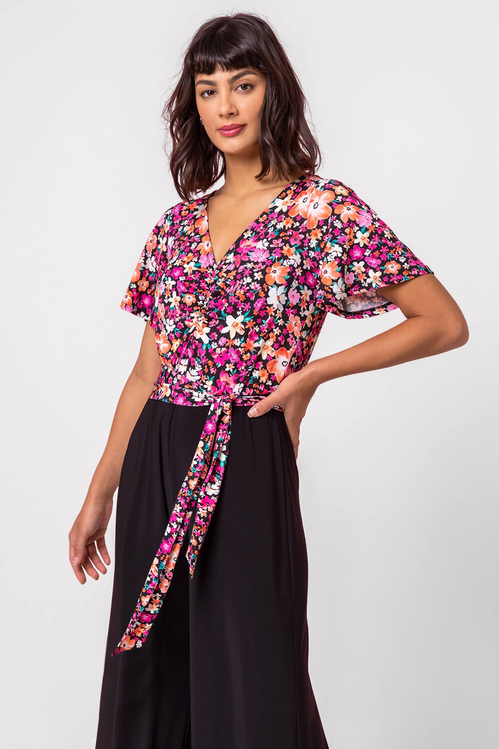 Black Ditsy Floral Print Tie Detail Jumpsuit, Image 5 of 5