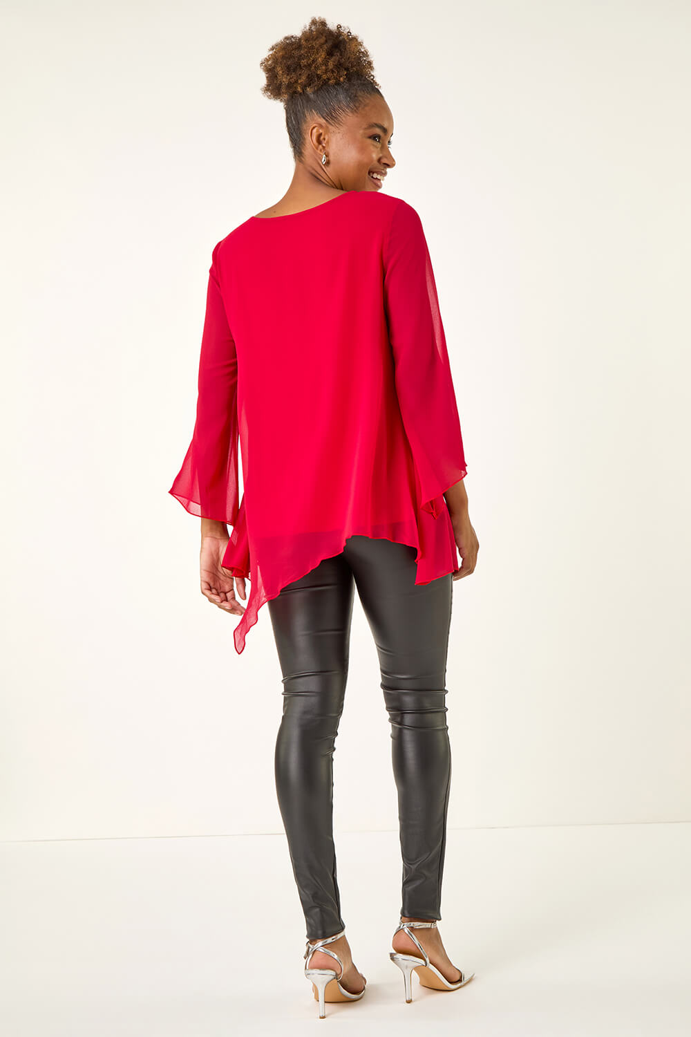 Red Sparkly Asymmetric Chiffon Top, Image 4 of 5