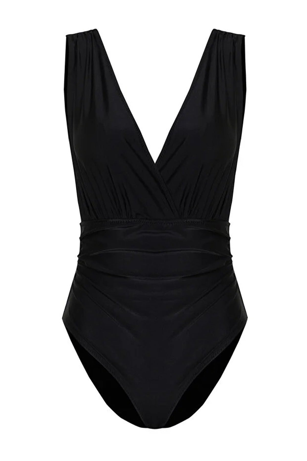 Black Plunge Wrap Front Ruched Waist Swimsuit, Image 3 of 5