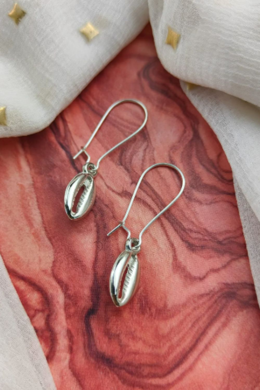 Silver Cowrie Dangle Earrings with Zircon - Boho Silver, Gold, Image 2 of 2
