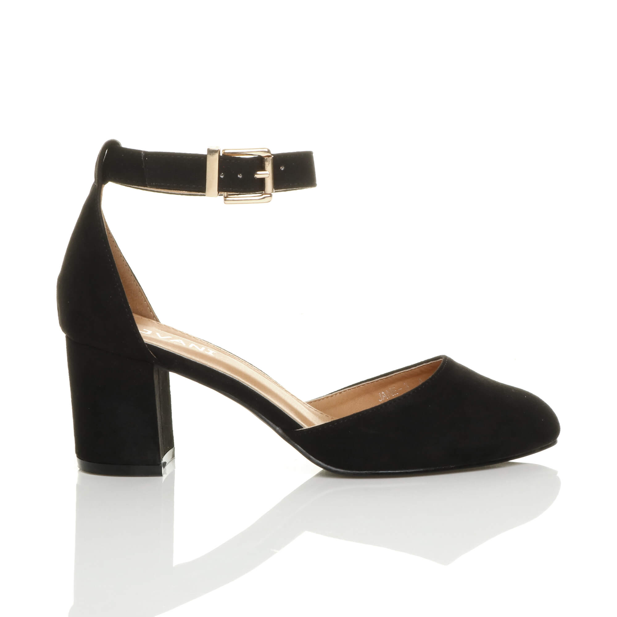 Black AJVANI Black Mid Block Heel Ankle Strap 2 Part Heels, Image 2 of 6