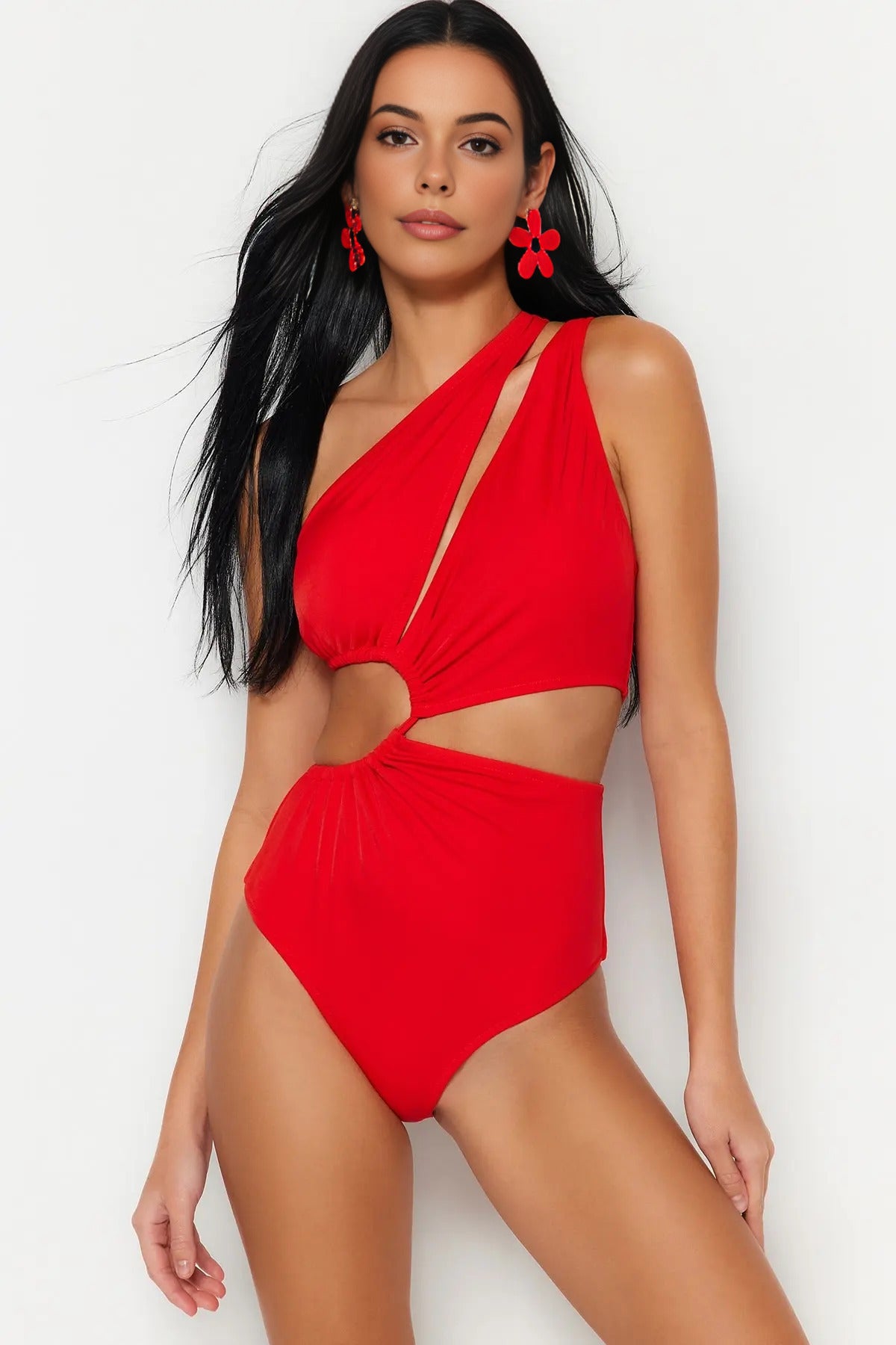 Red One Shoulder Cut Out Detail Swimsuit, Image 1 of 3