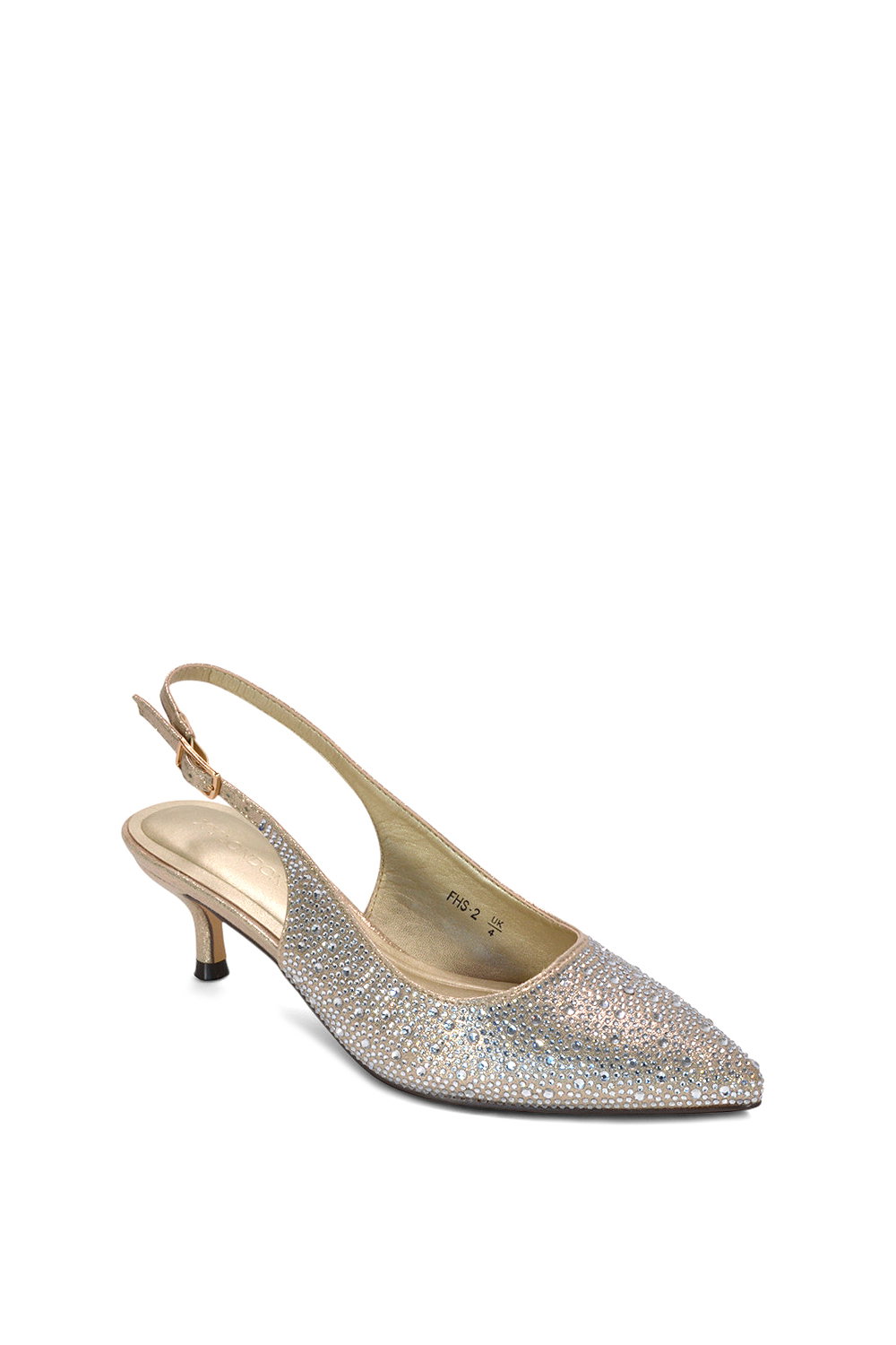 Gold XY LONDON Gold Slingback Court Shoes Pointed Kitten Heels With Crystal Details, Image 2 of 6