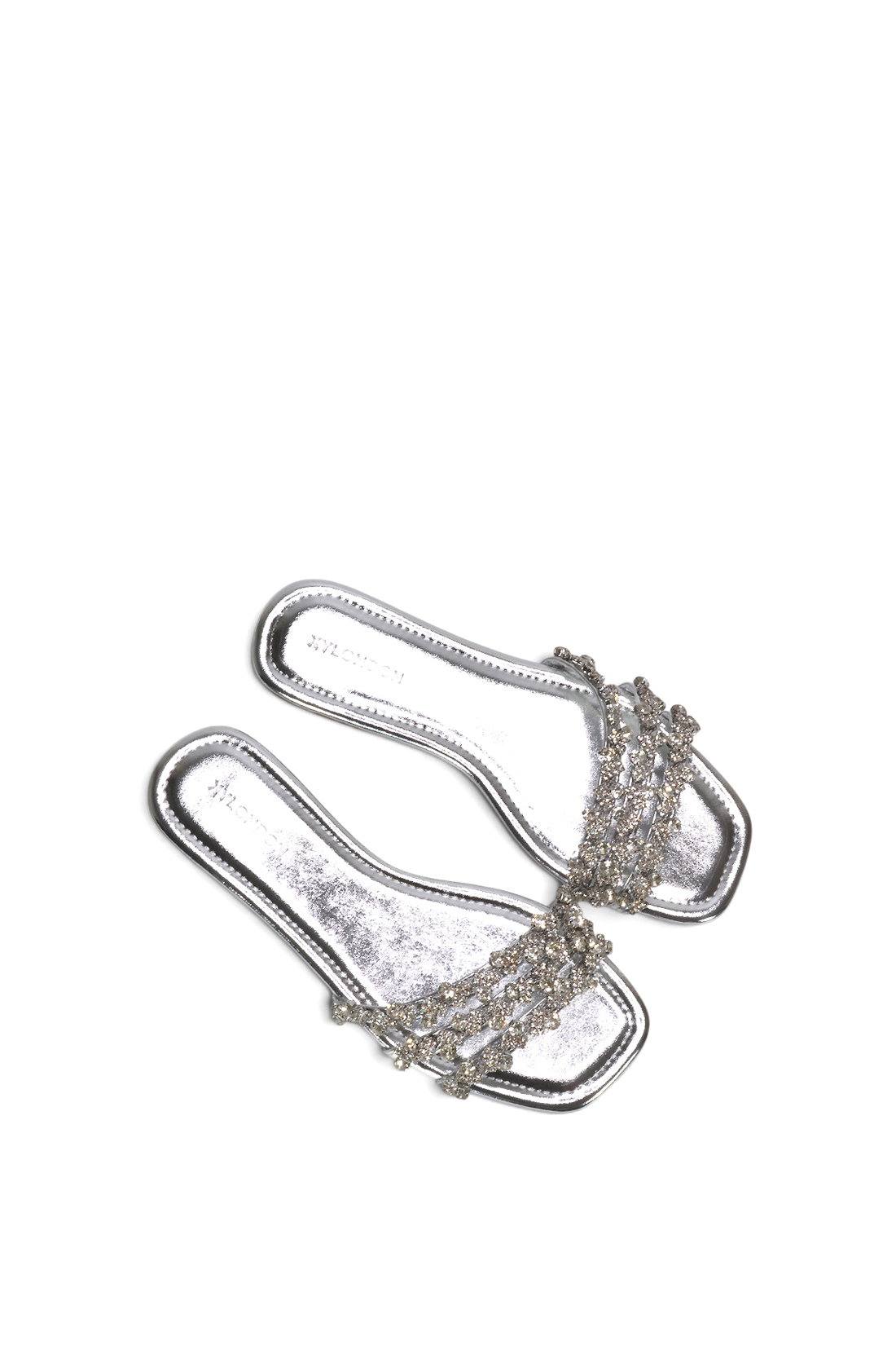 Silver XY LONDON Silver Flat Diamante Strappy Slider Sandals With Square Toe, Image 6 of 6