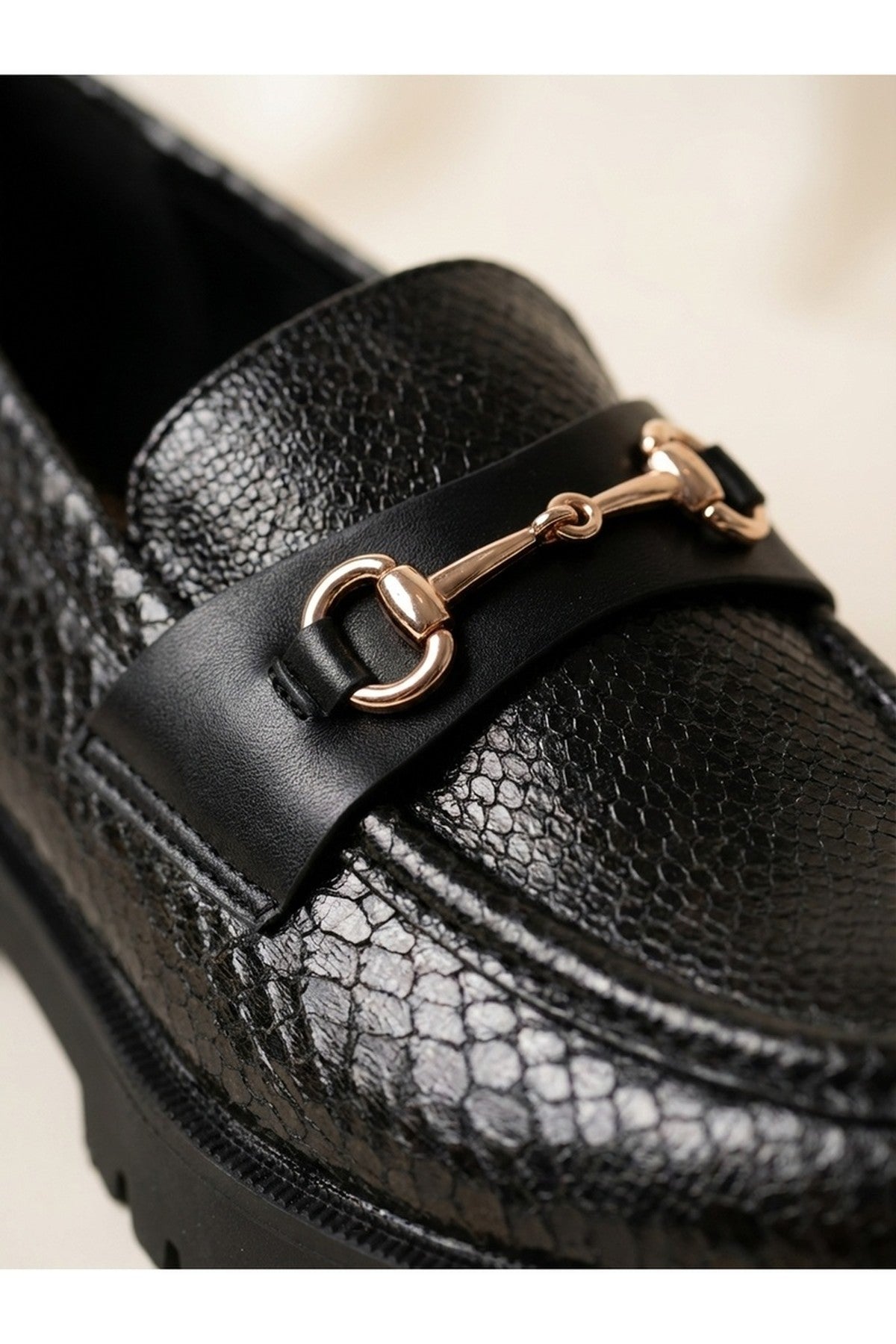 Black iKrush Black Poppy Snakeskin Chunky Loafers, Image 3 of 5