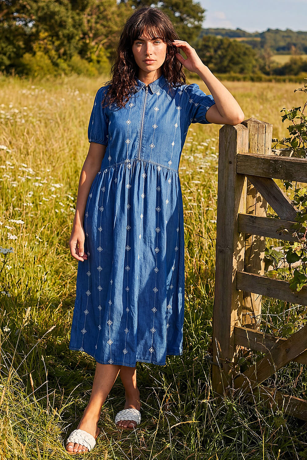 Denim Embroidered Zip Detail Dress , Image 4 of 4