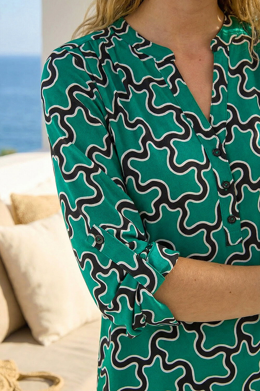 Green Abstract Print Stretch Shirt, Image 5 of 4